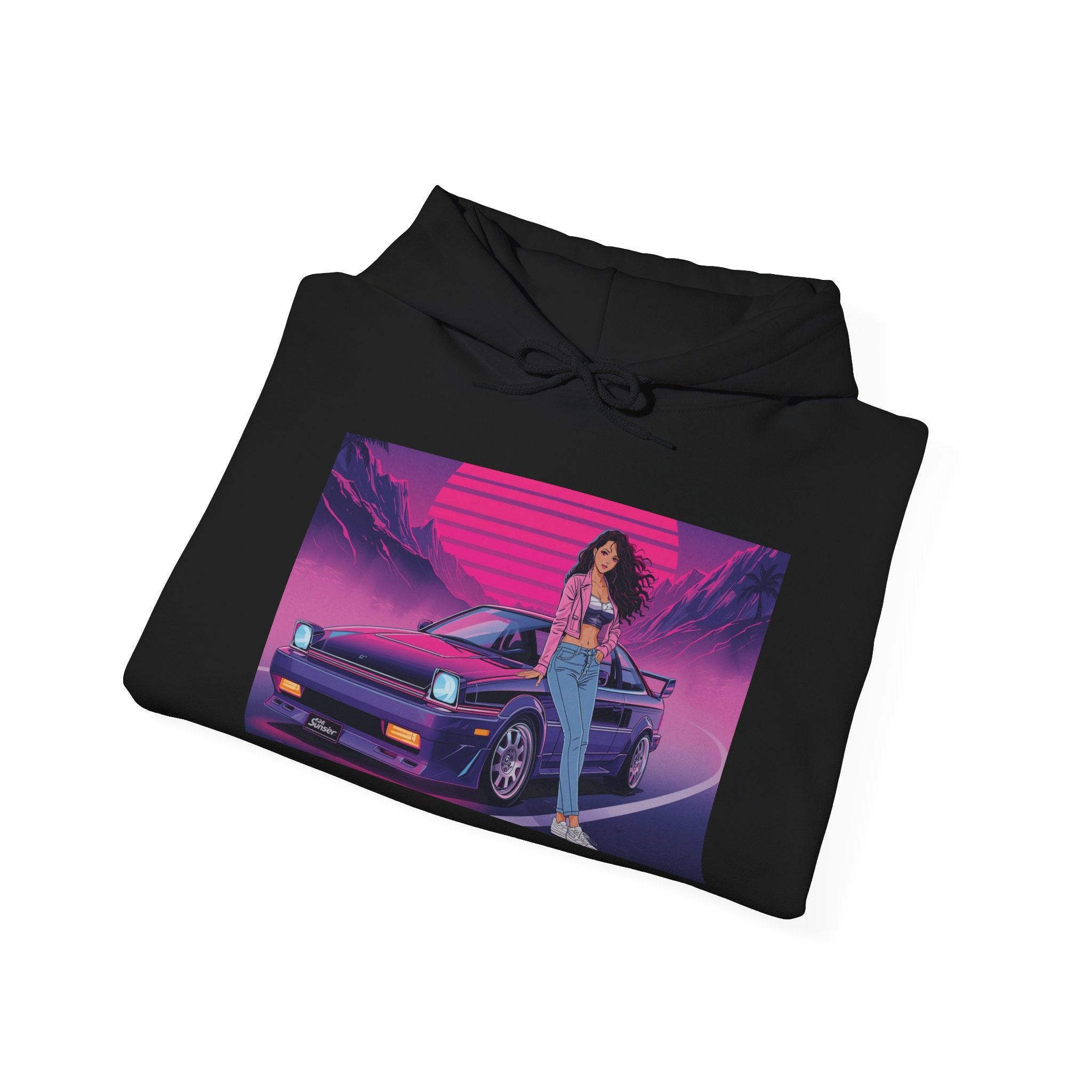 80s Retro Wave JDM Hoodie — Anime Girl Leaning on Car