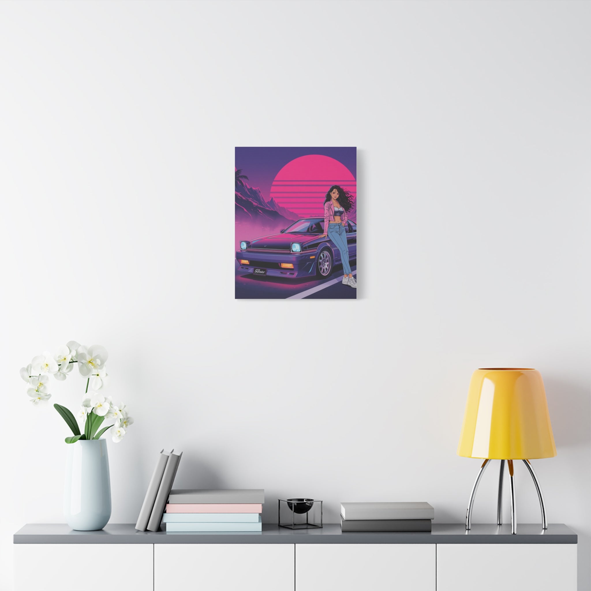 80s Retro Wave JDM Wall Art — Anime Girl Leaning on Car Matte Canvas