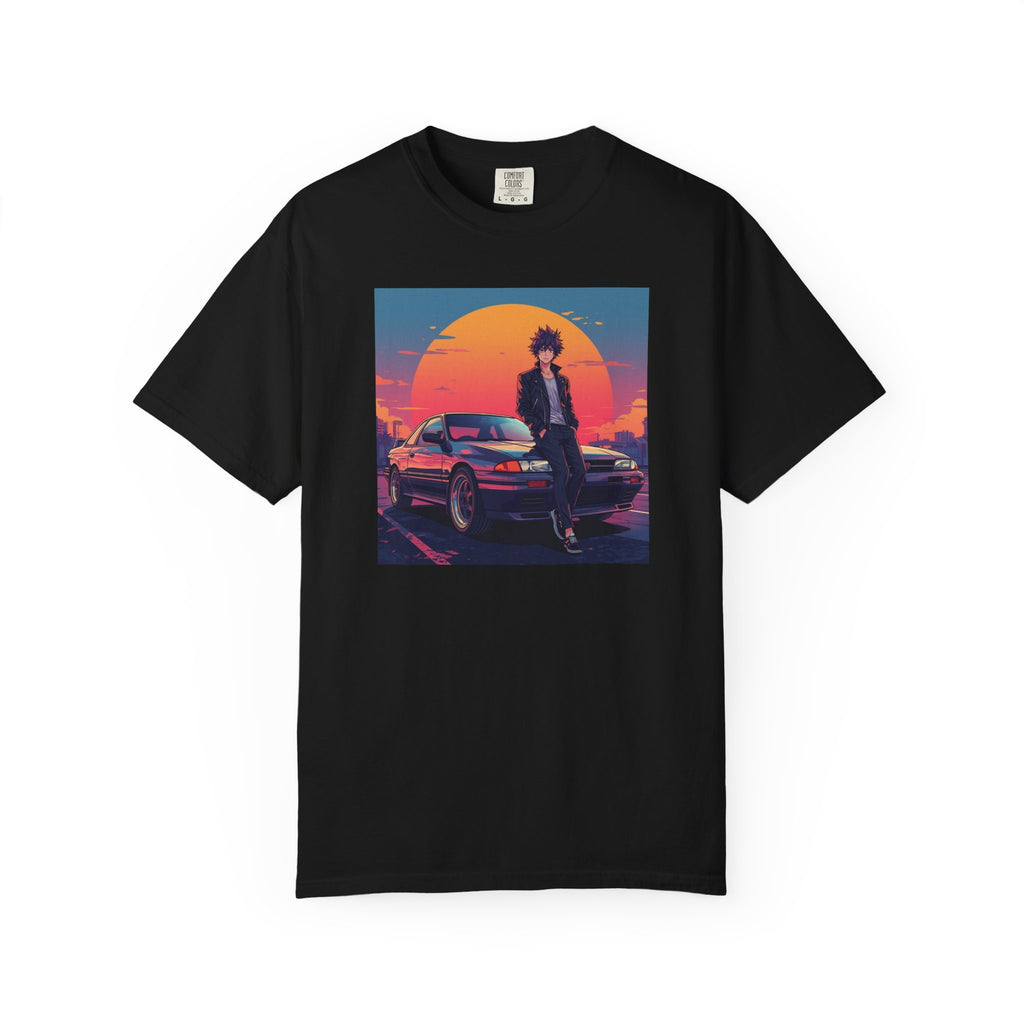 Retro 80s JDM Unisex T-Shirt — Anime Guy Leaning on Car