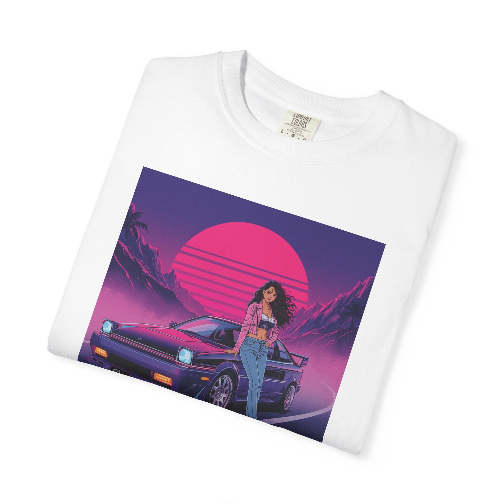 80s Retro Wave JDM Unisex T-Shirt — Anime Girl Leaning on Car