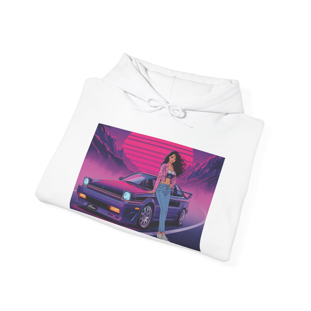 80s Retro Wave JDM Hoodie — Anime Girl Leaning on Car