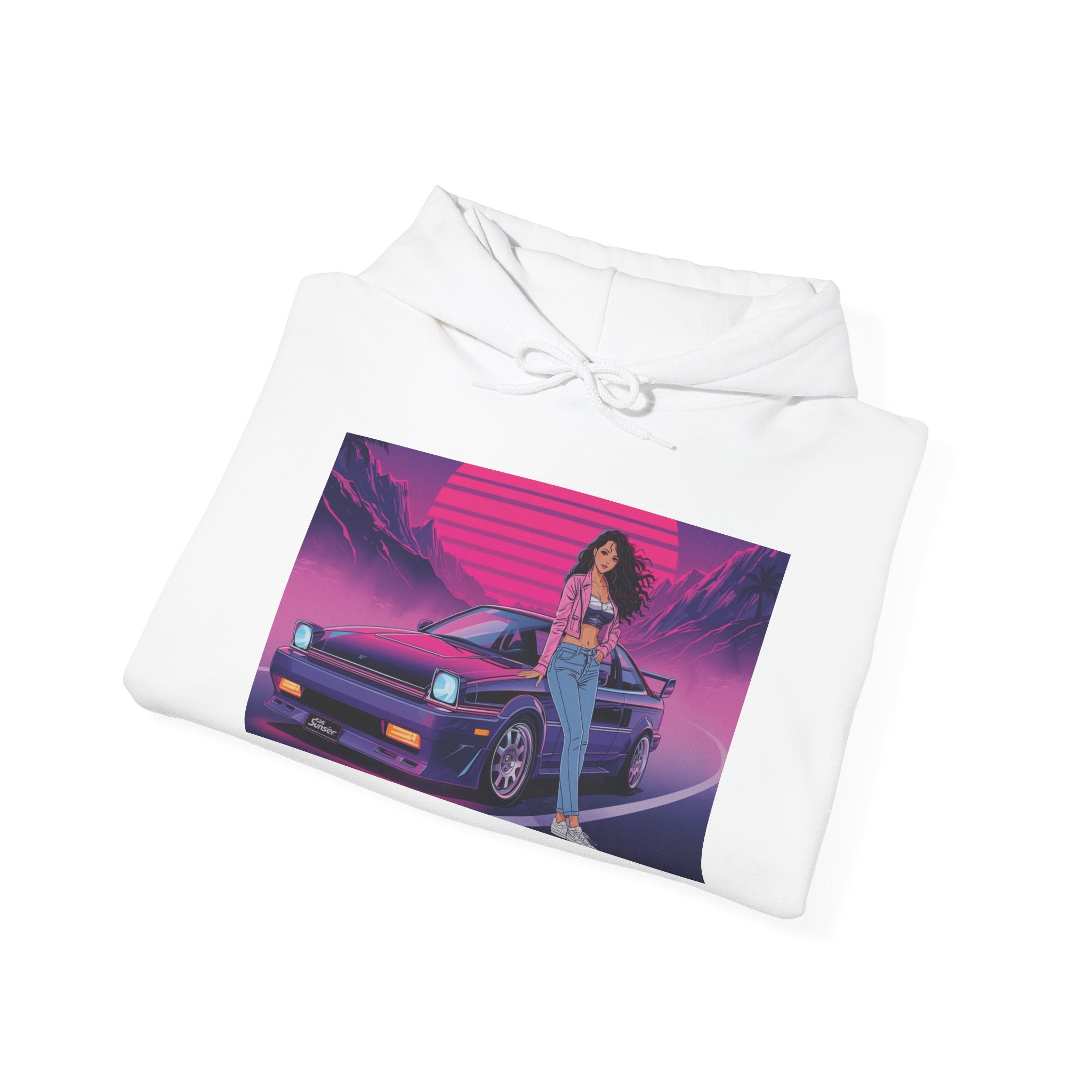 80s Retro Wave JDM Hoodie — Anime Girl Leaning on Car