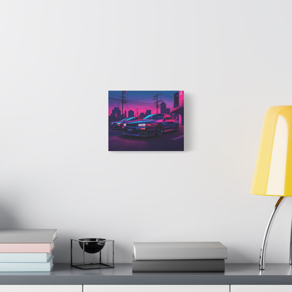 Neon City Skyline Racing Car Matte Canvas Wall Art — Retro Cyberpunk Night Streets