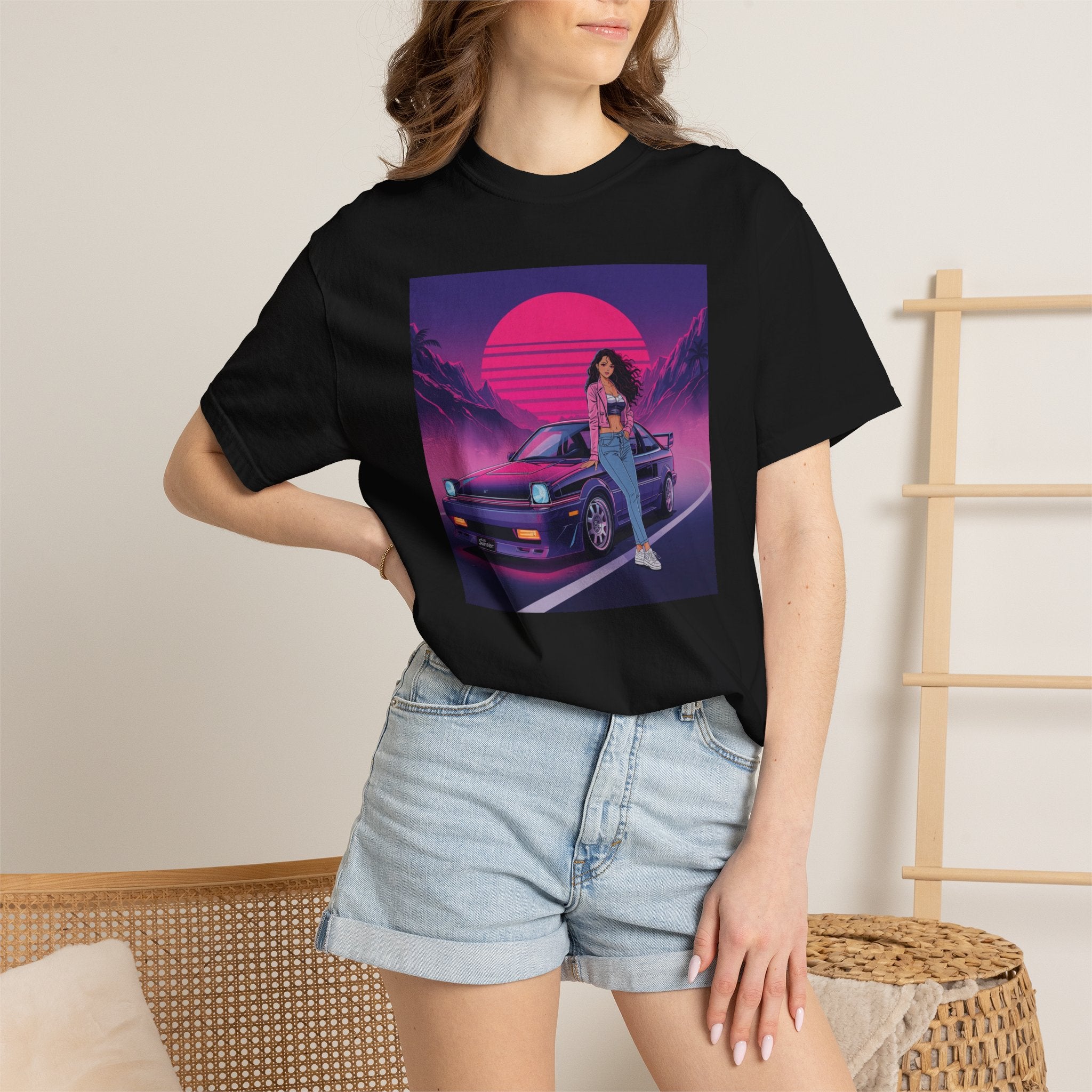 80s Retro Wave JDM Unisex T-Shirt — Anime Girl Leaning on Car