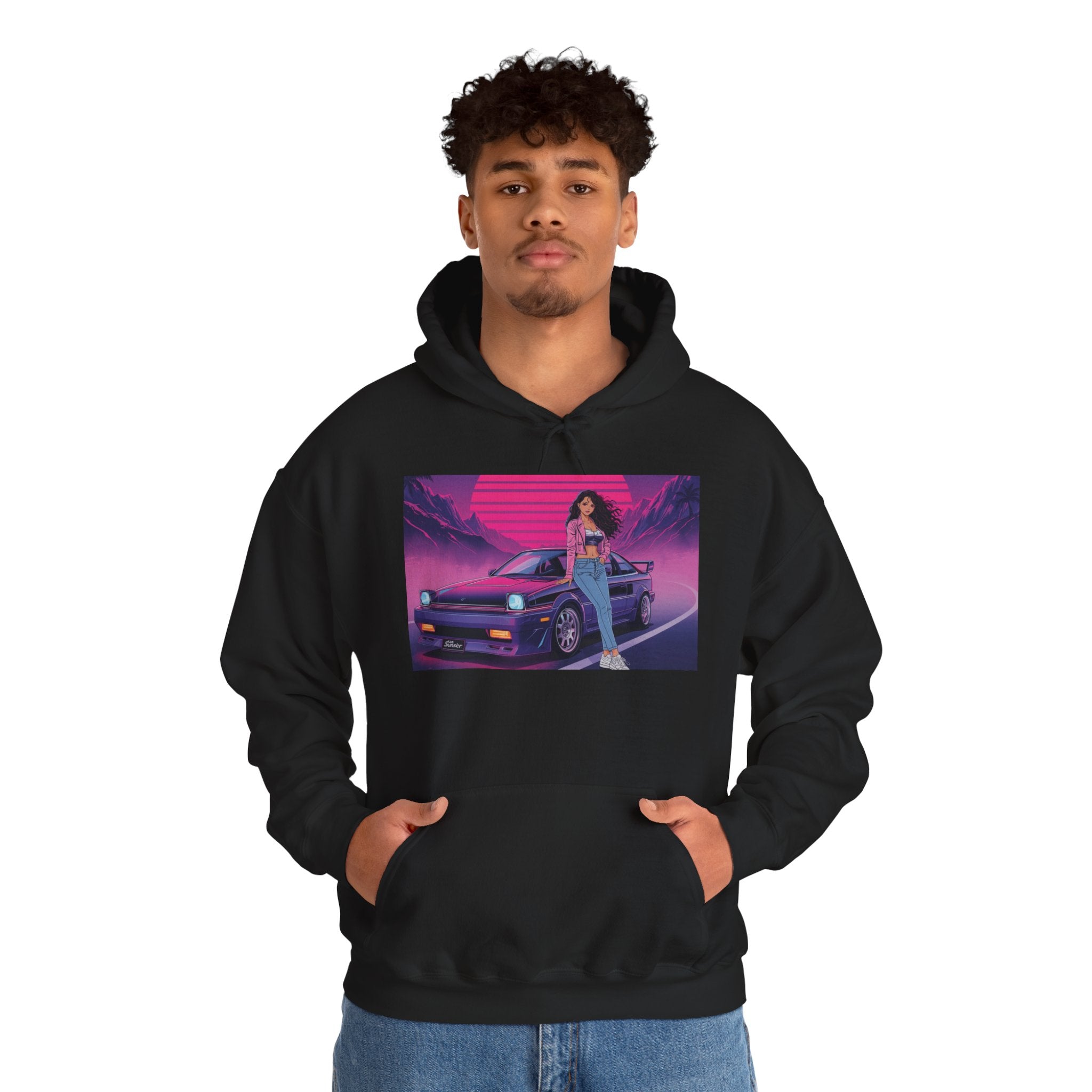 80s Retro Wave JDM Hoodie — Anime Girl Leaning on Car