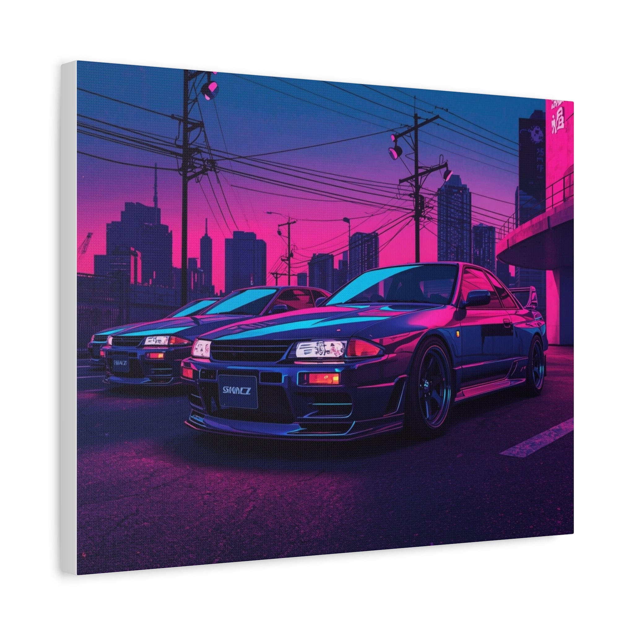 Neon City Skyline Racing Car Matte Canvas Wall Art — Retro Cyberpunk Night Streets