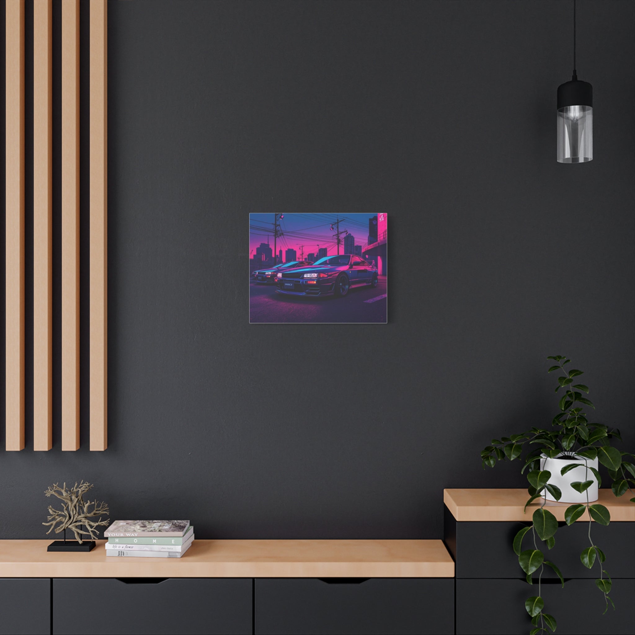 Neon City Skyline Racing Car Matte Canvas Wall Art — Retro Cyberpunk Night Streets
