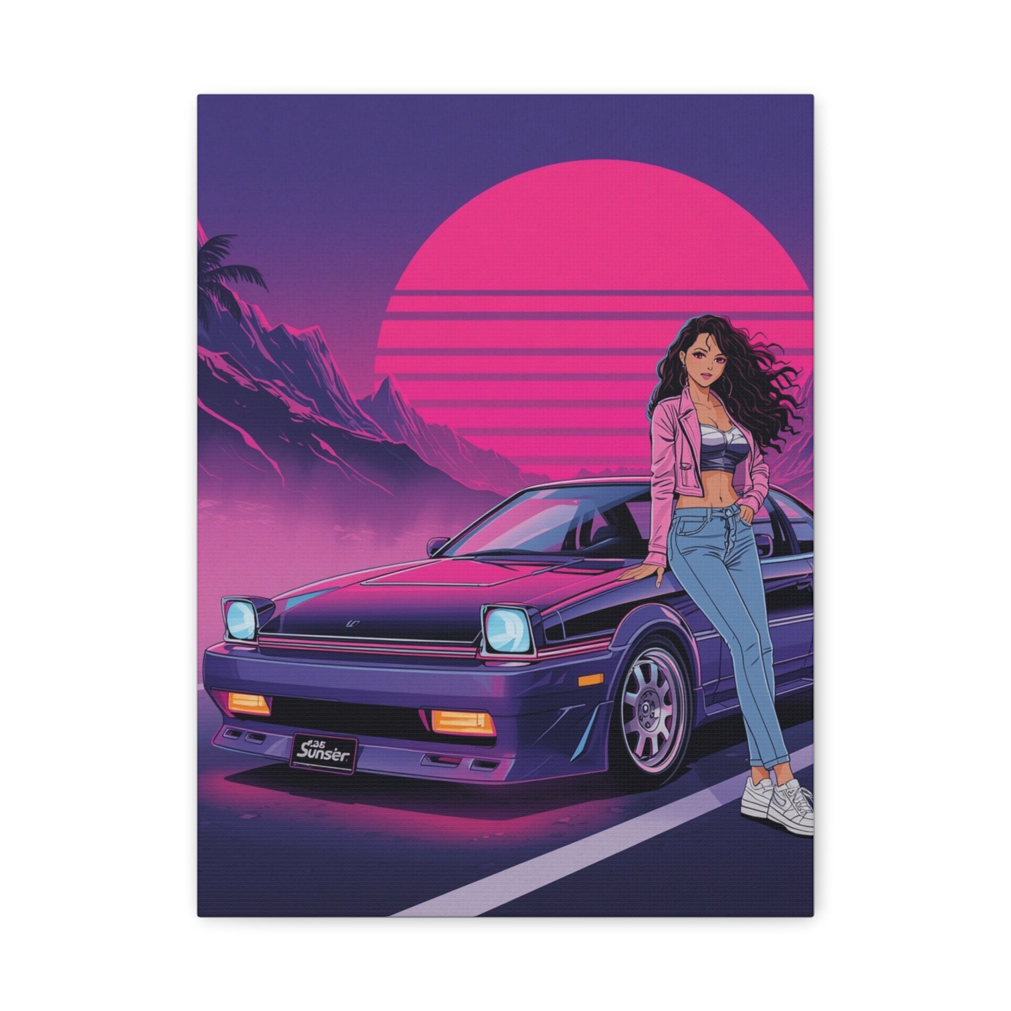 80s Retro Wave JDM Wall Art — Anime Girl Leaning on Car Matte Canvas