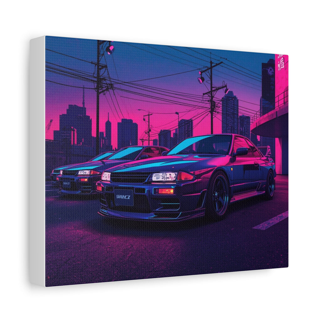 Neon City Skyline Racing Car Matte Canvas Wall Art — Retro Cyberpunk Night Streets
