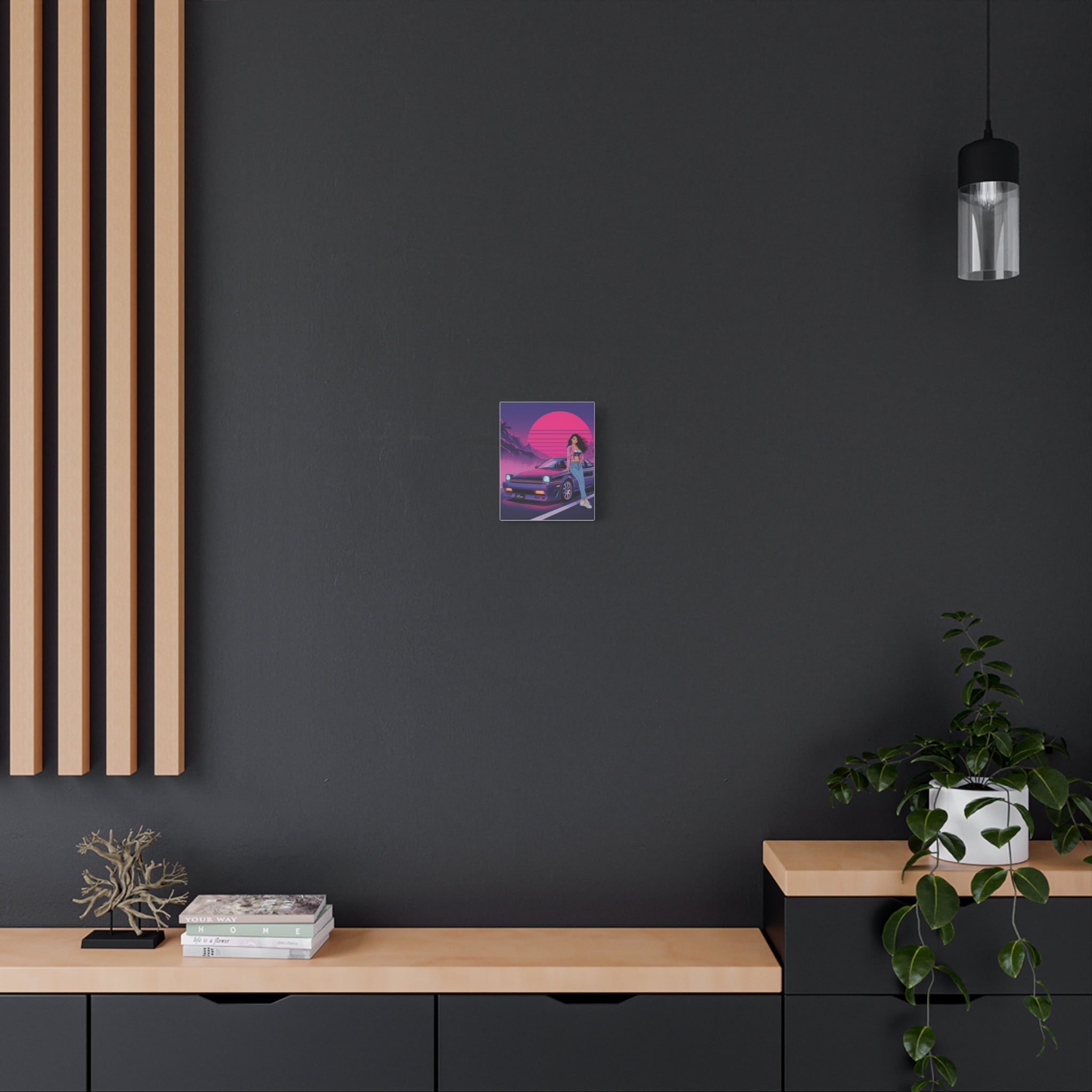 80s Retro Wave JDM Wall Art — Anime Girl Leaning on Car Matte Canvas