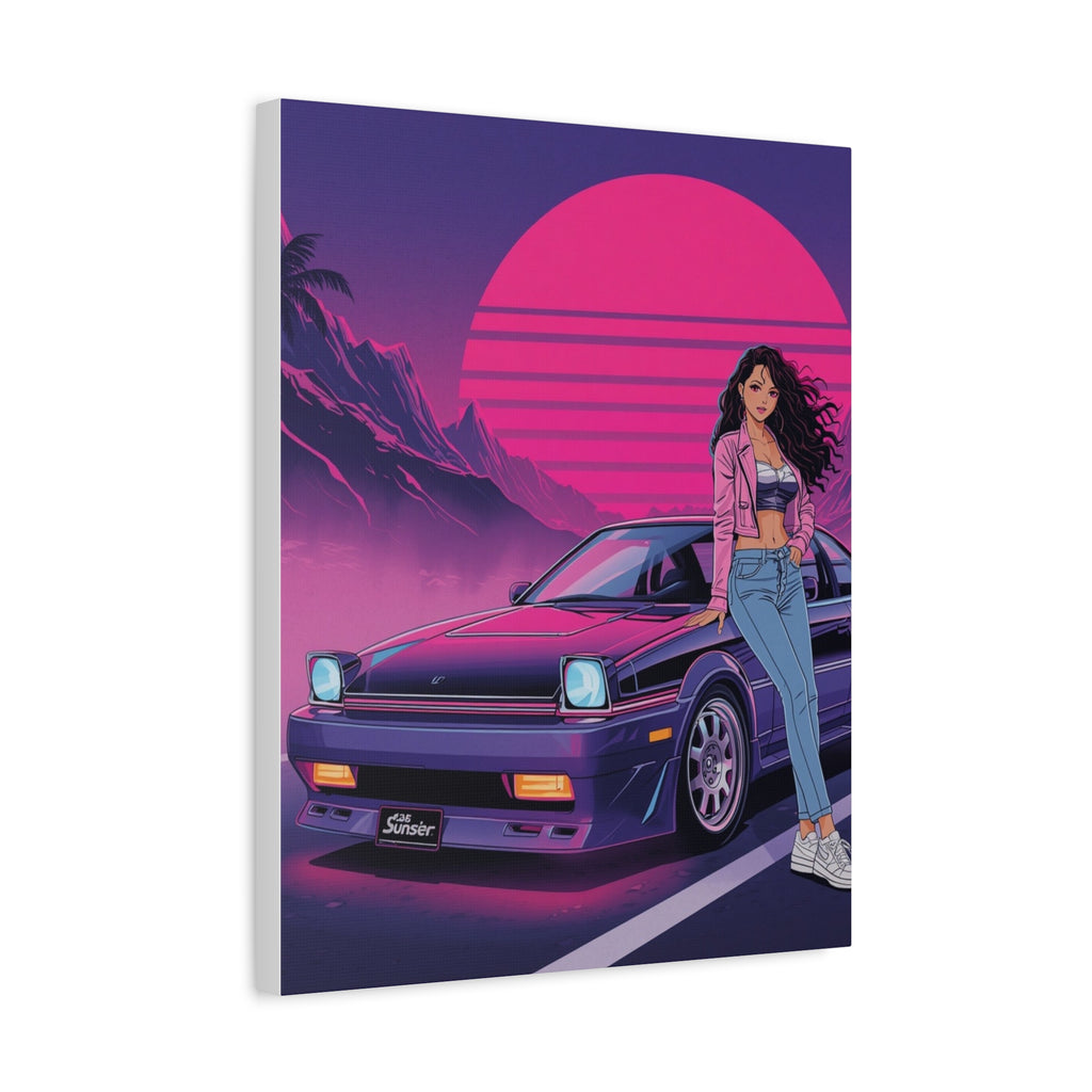 80s Retro Wave JDM Wall Art — Anime Girl Leaning on Car Matte Canvas