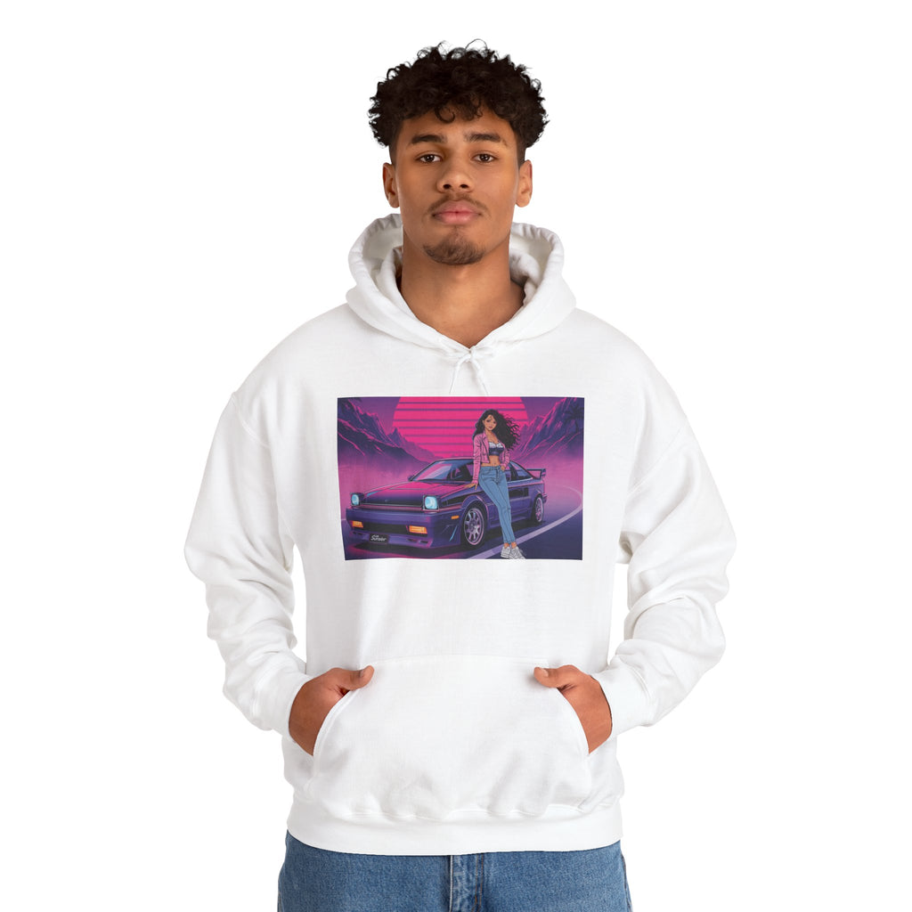 80s Retro Wave JDM Hoodie — Anime Girl Leaning on Car