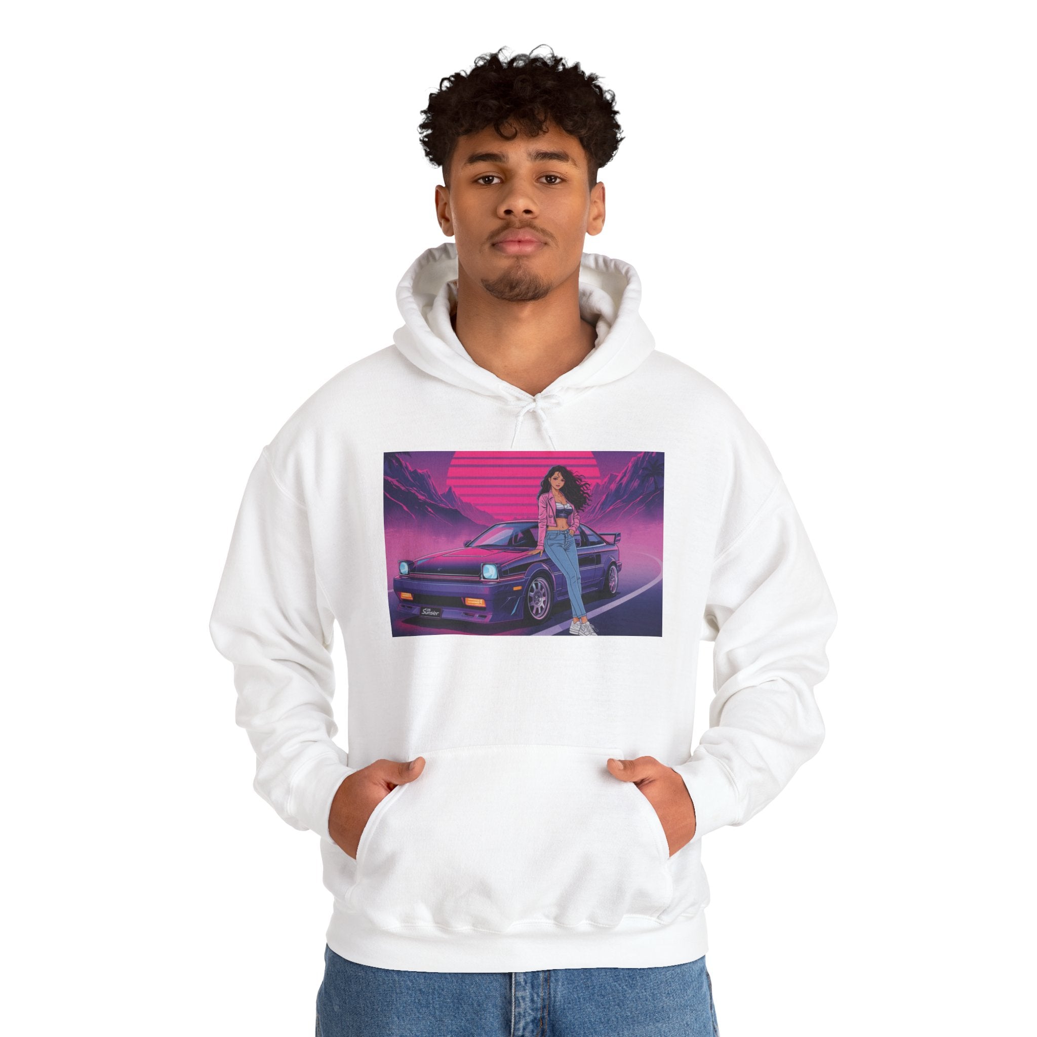 80s Retro Wave JDM Hoodie — Anime Girl Leaning on Car