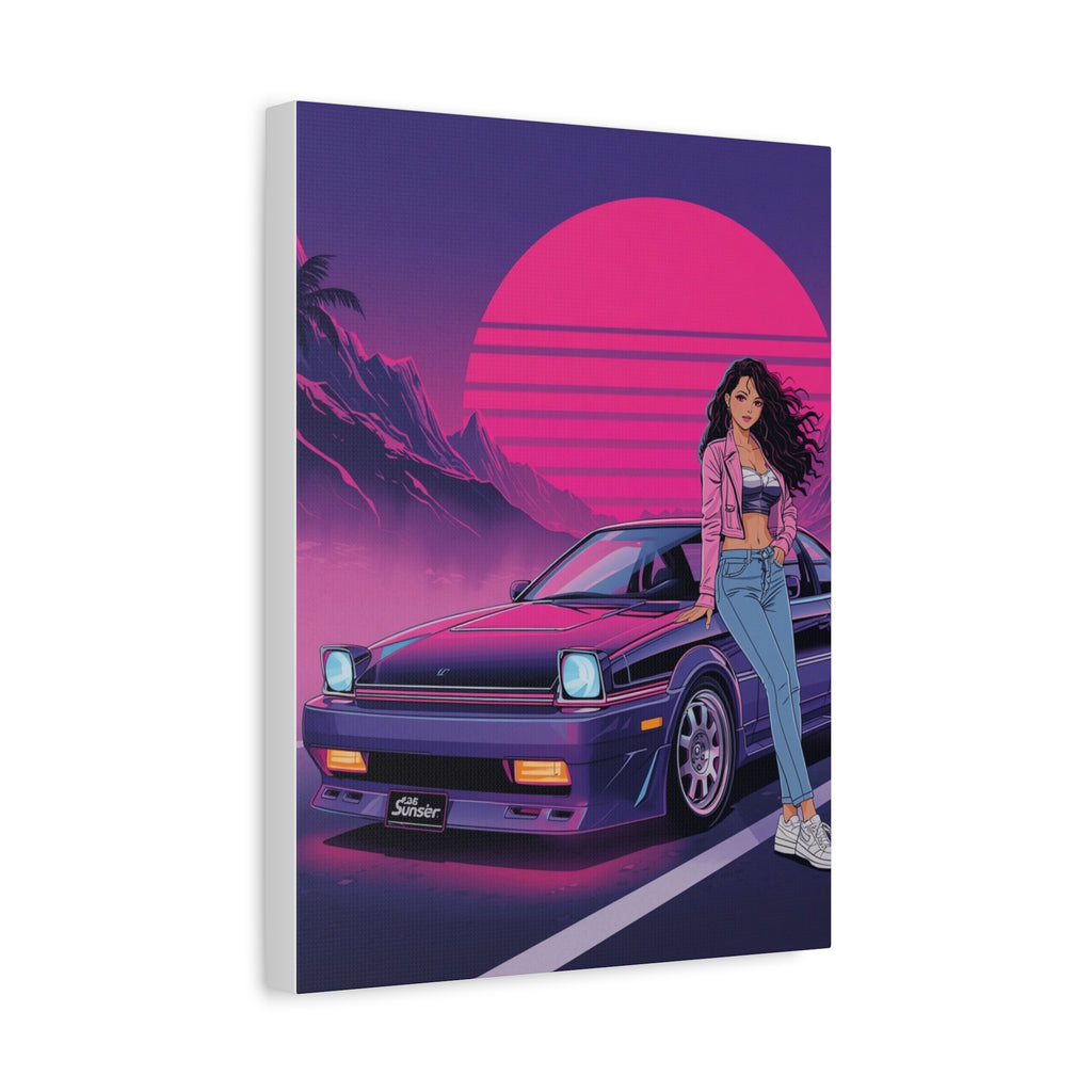 80s Retro Wave JDM Wall Art — Anime Girl Leaning on Car Matte Canvas