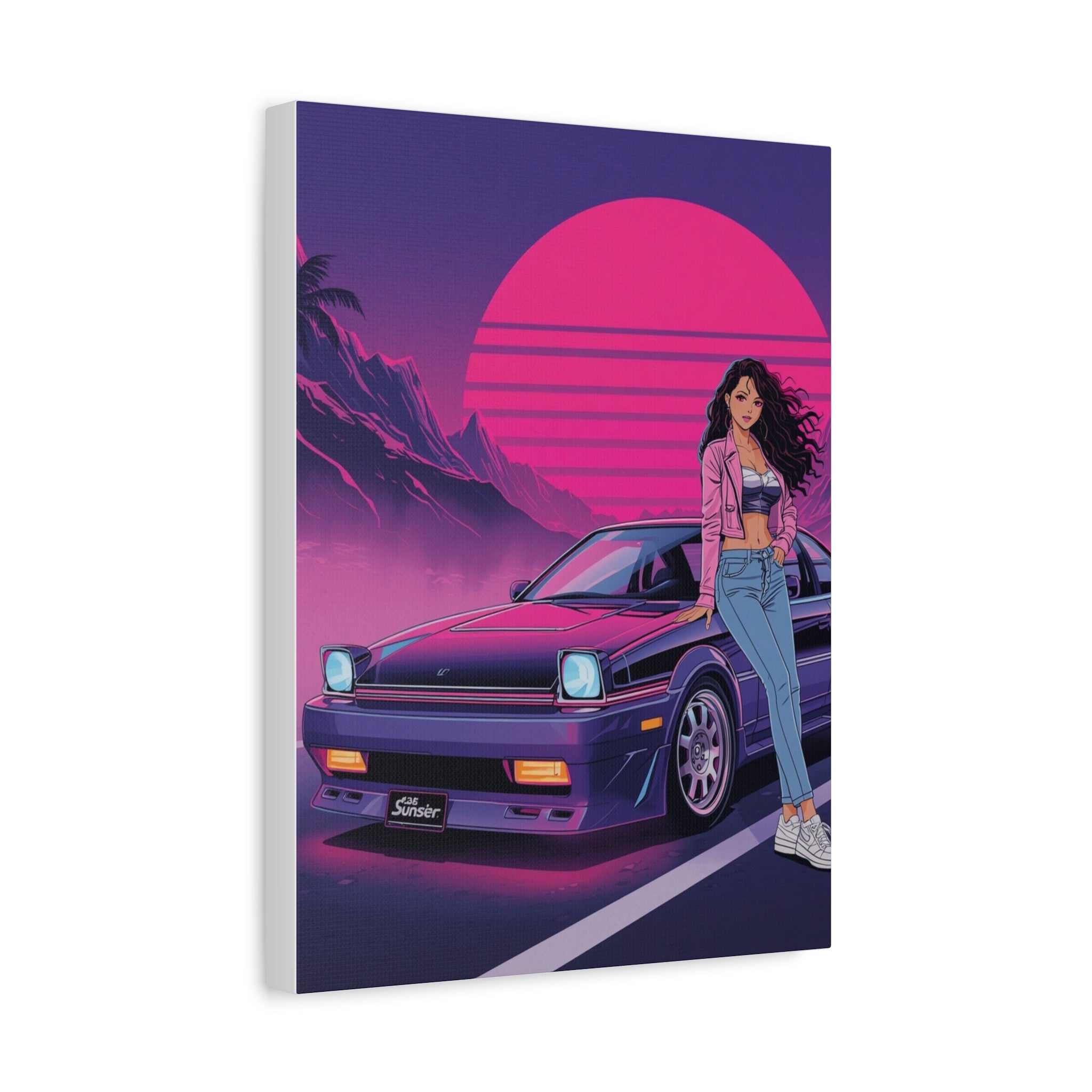 80s Retro Wave JDM Wall Art — Anime Girl Leaning on Car Matte Canvas