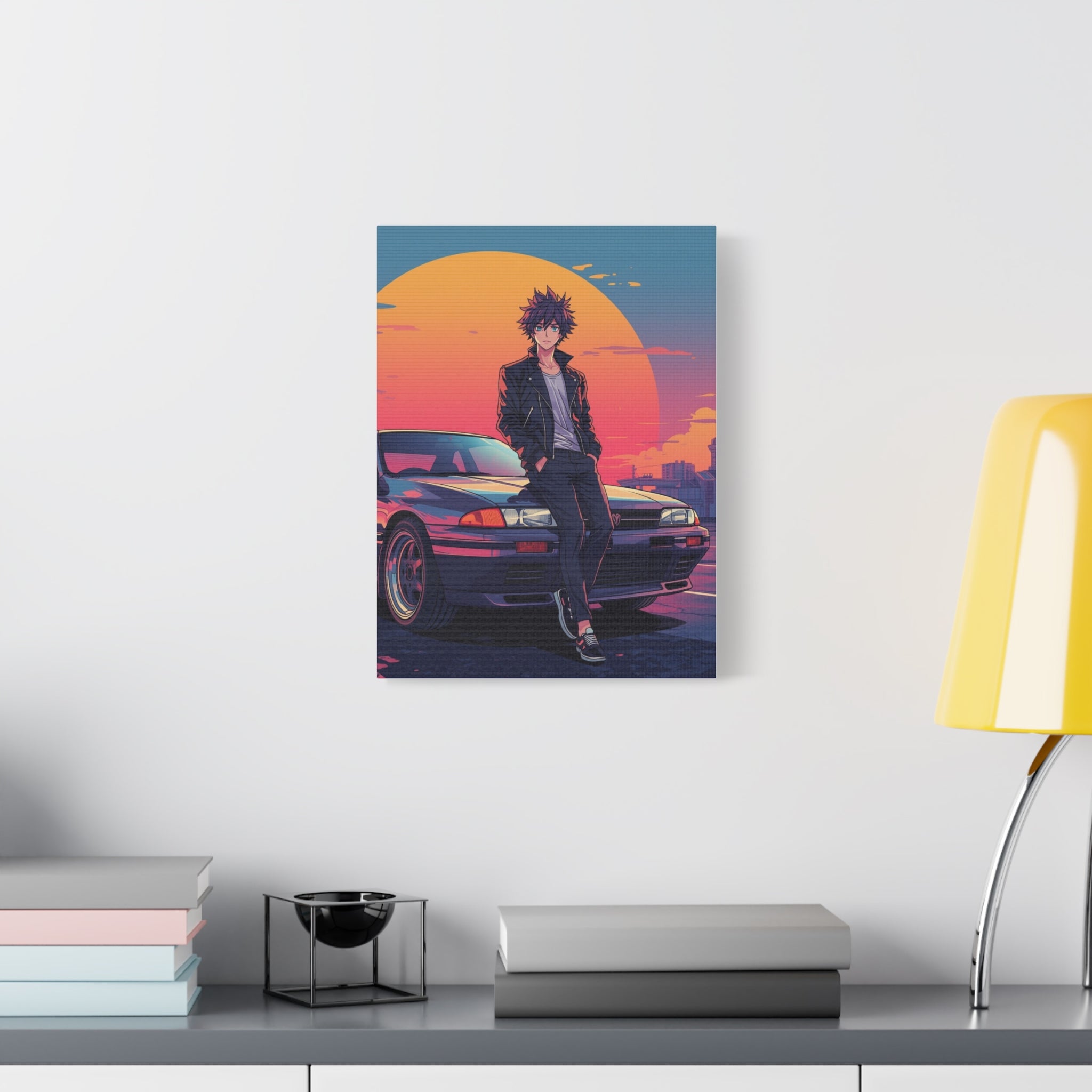 Retro 80s JDM Anime Guy Leaning on Car Matte Canvas Wall Art