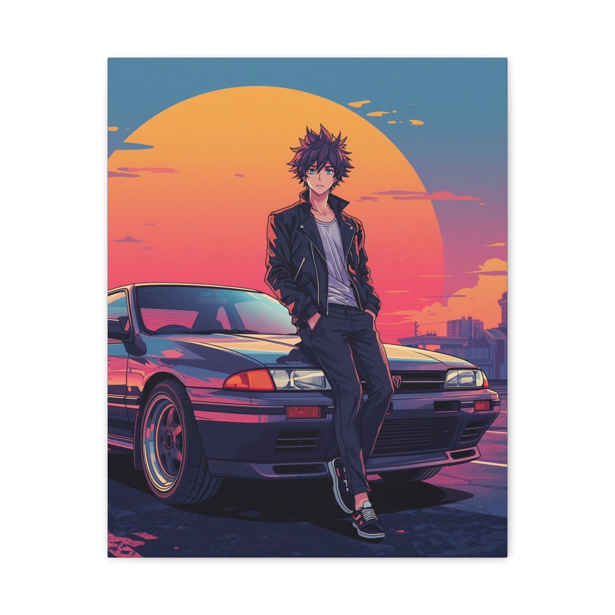 Retro 80s JDM Anime Guy Leaning on Car Matte Canvas Wall Art