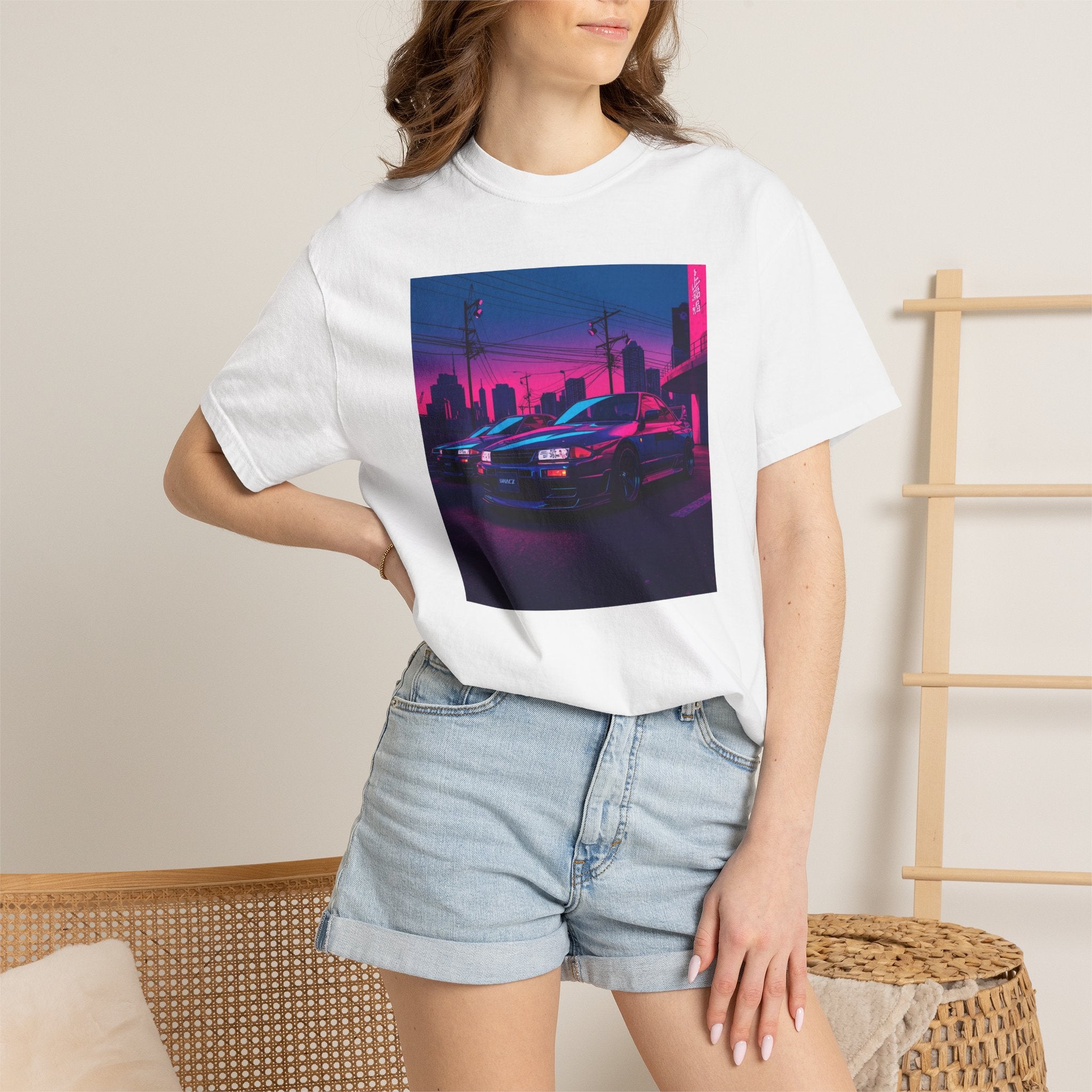 Neon City Skyline Racing Car Unisex T-Shirt | Retro Cyberpunk Night Streets