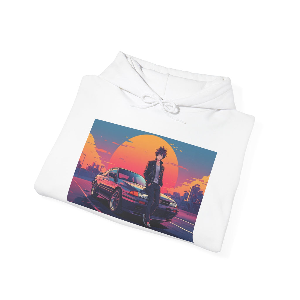 Retro 80s JDM Hoodie — Anime Guy Leaning on Car