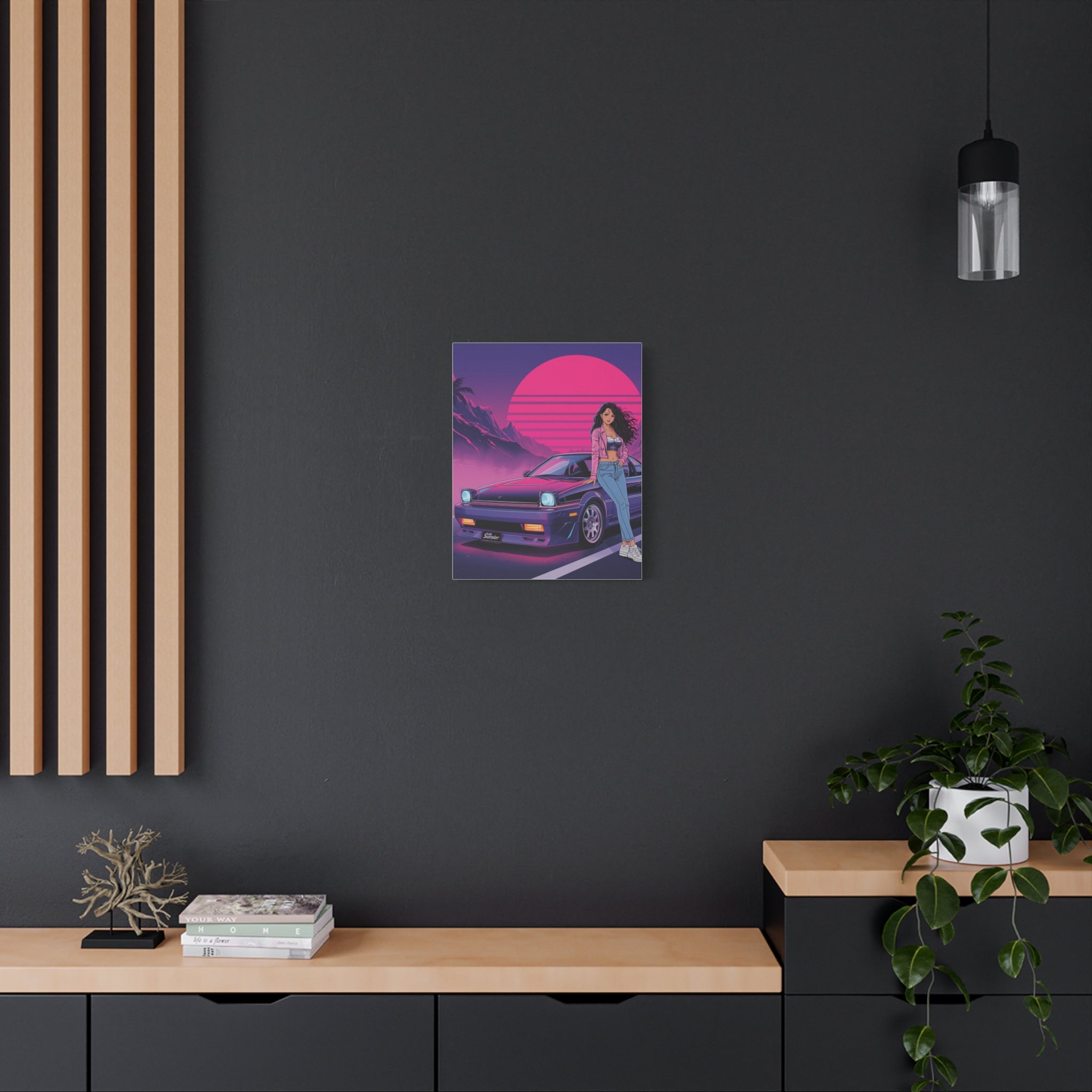 80s Retro Wave JDM Wall Art — Anime Girl Leaning on Car Matte Canvas