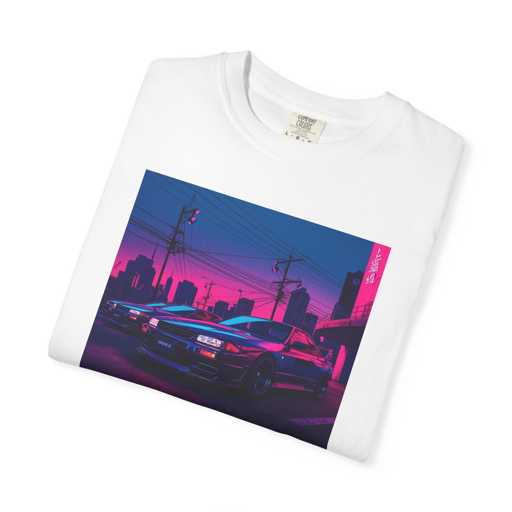 Neon City Skyline Racing Car Unisex T-Shirt | Retro Cyberpunk Night Streets