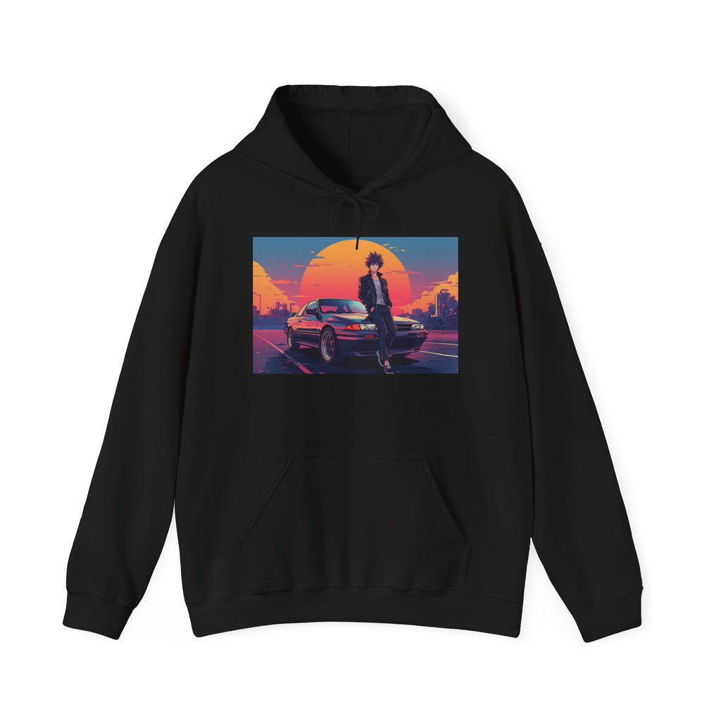 Retro 80s JDM Hoodie — Anime Guy Leaning on Car