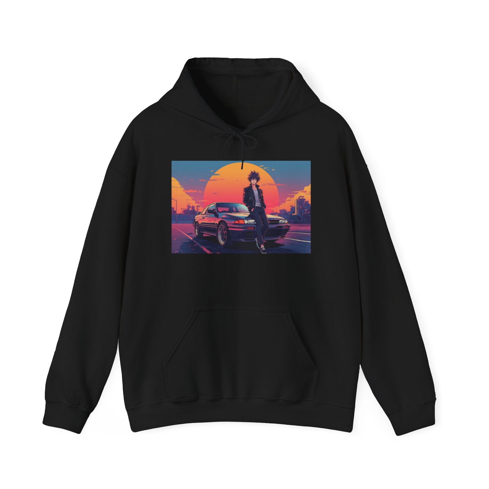 Retro 80s JDM Hoodie — Anime Guy Leaning on Car
