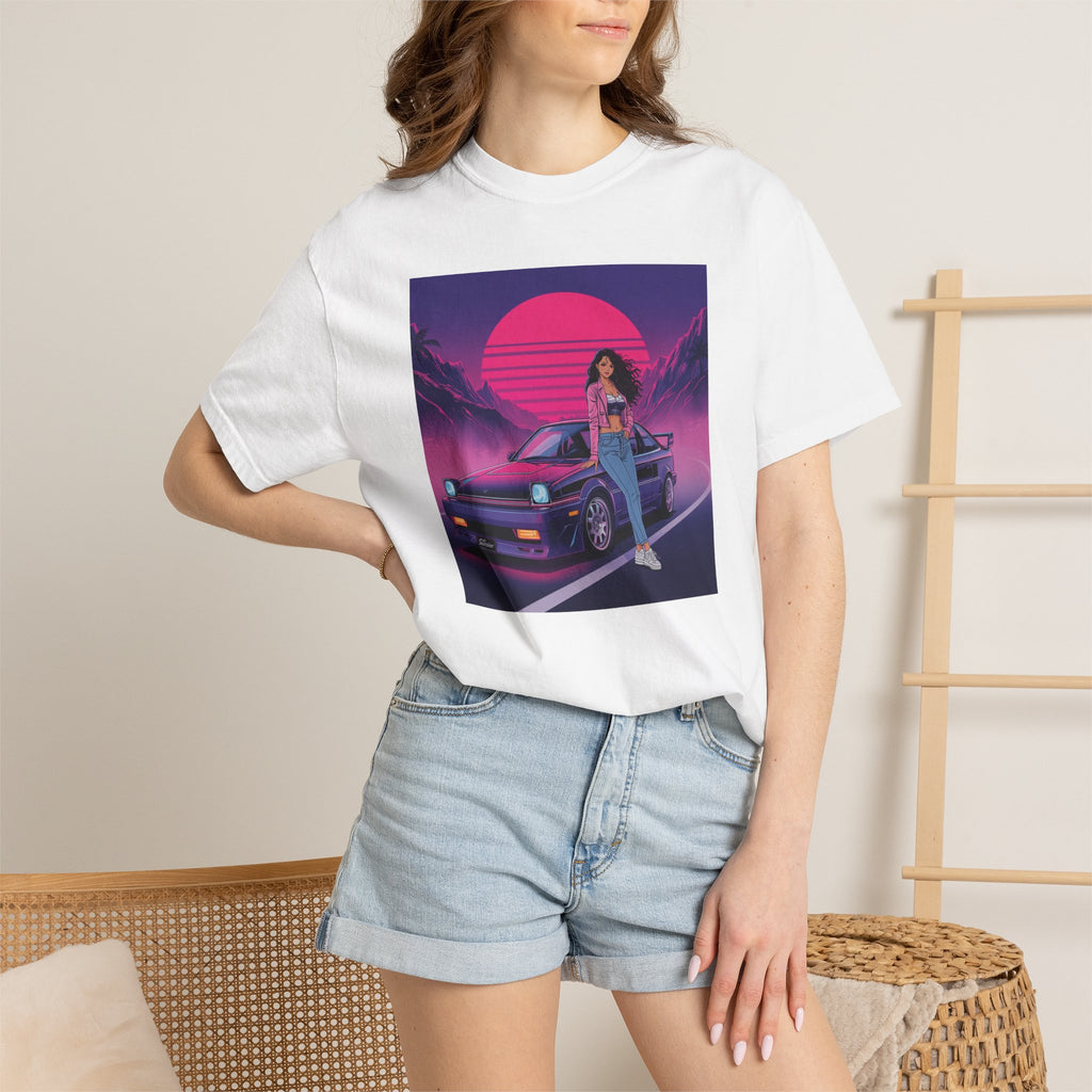 80s Retro Wave JDM Unisex T-Shirt — Anime Girl Leaning on Car