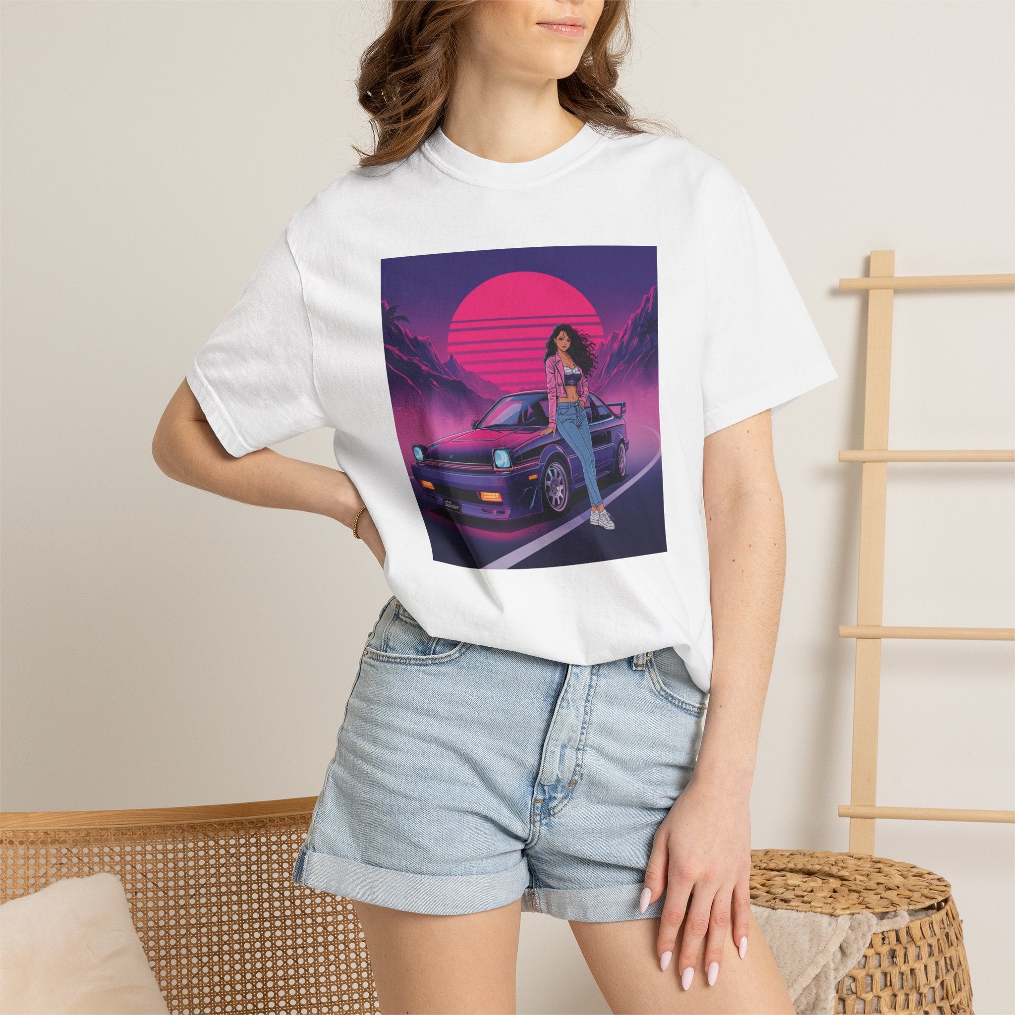 80s Retro Wave JDM Unisex T-Shirt — Anime Girl Leaning on Car
