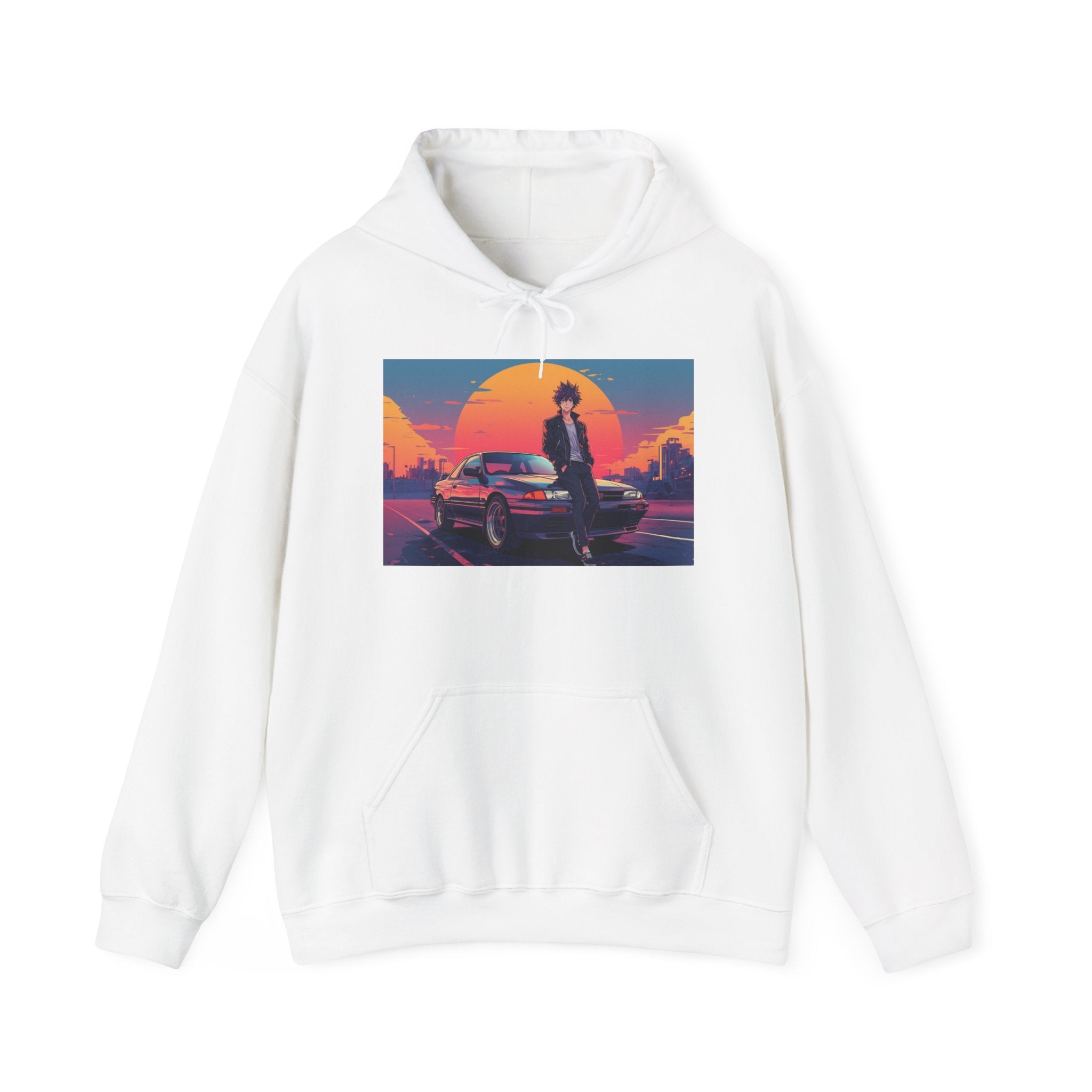 Retro 80s JDM Hoodie — Anime Guy Leaning on Car