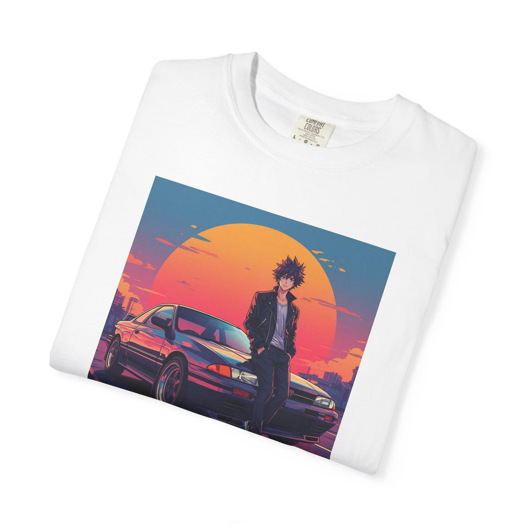 Retro 80s JDM Unisex T-Shirt — Anime Guy Leaning on Car