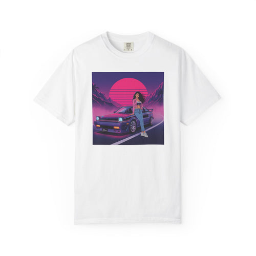 80s Retro Wave JDM Unisex T-Shirt — Anime Girl Leaning on Car