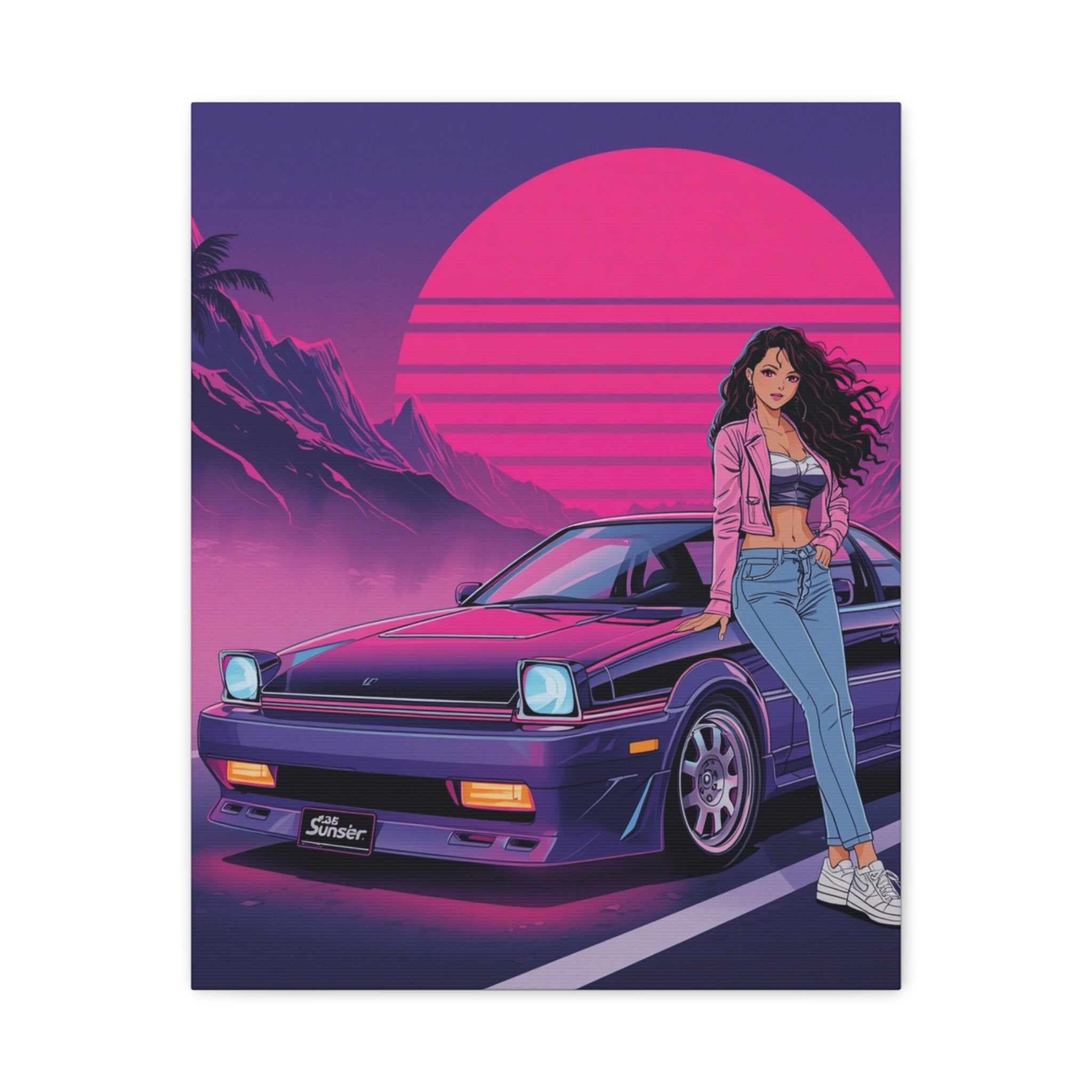 80s Retro Wave JDM Wall Art — Anime Girl Leaning on Car Matte Canvas