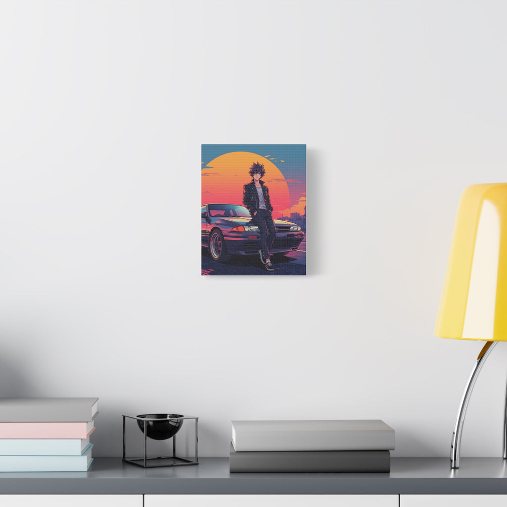 Retro 80s JDM Anime Guy Leaning on Car Matte Canvas Wall Art