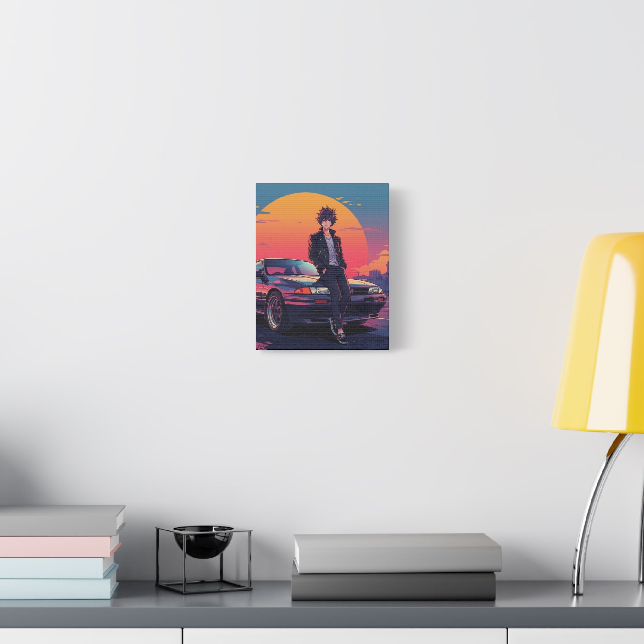 Retro 80s JDM Anime Guy Leaning on Car Matte Canvas Wall Art
