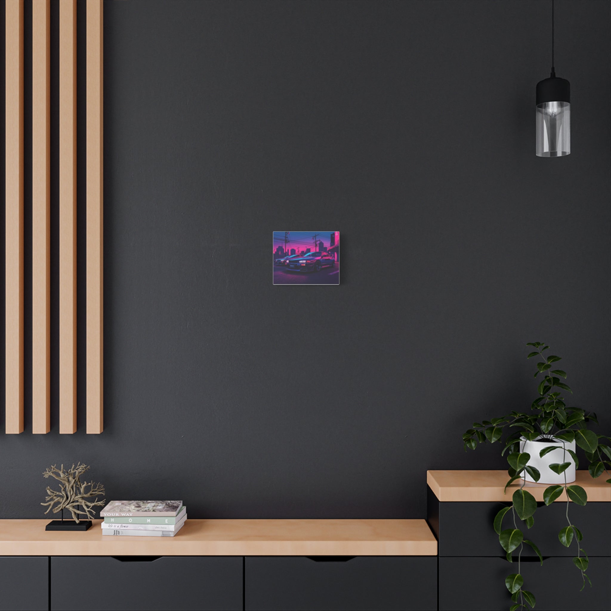 Neon City Skyline Racing Car Matte Canvas Wall Art — Retro Cyberpunk Night Streets