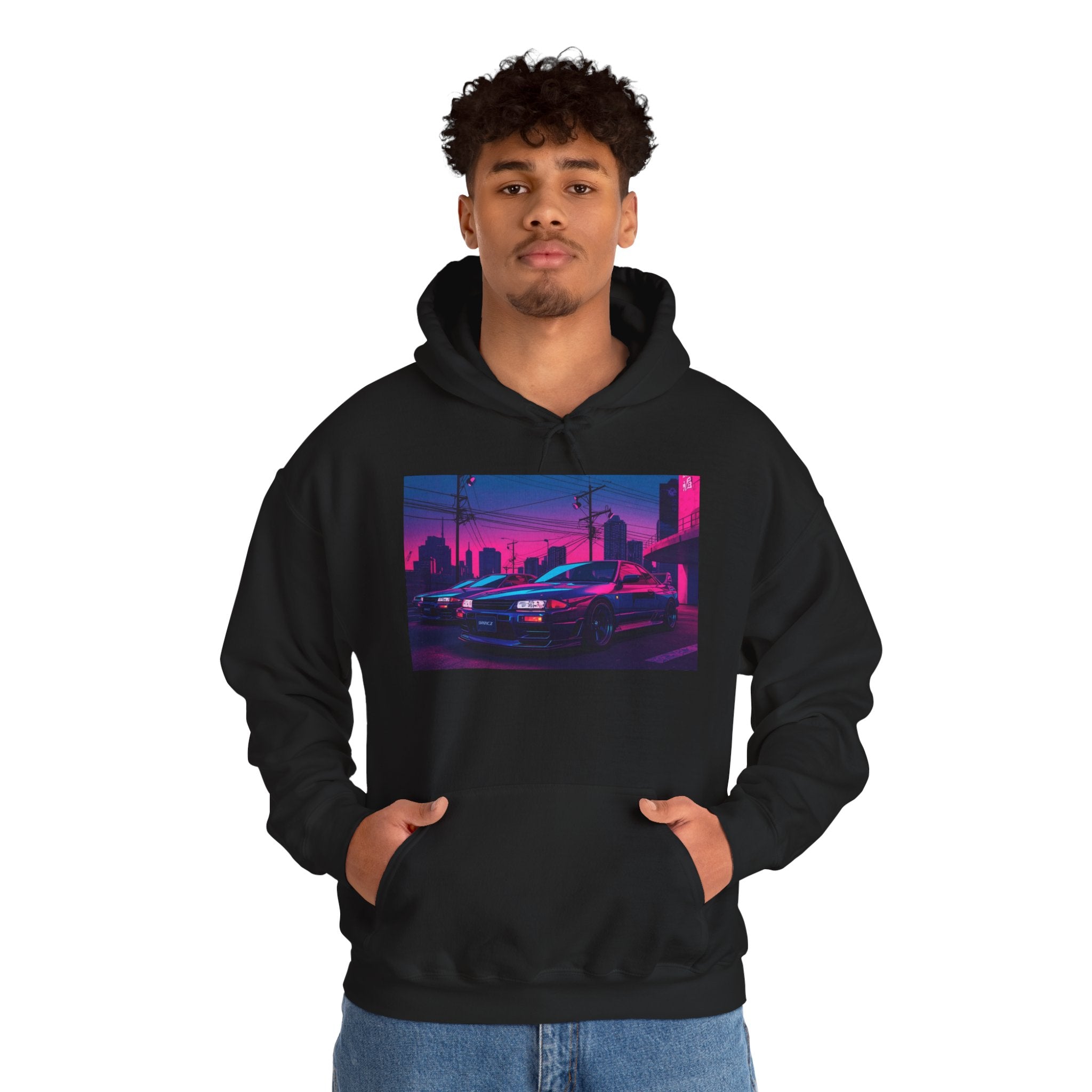 Cyberpunk Neon City Racing Hoodie — Retro Skyline Racing Car Design