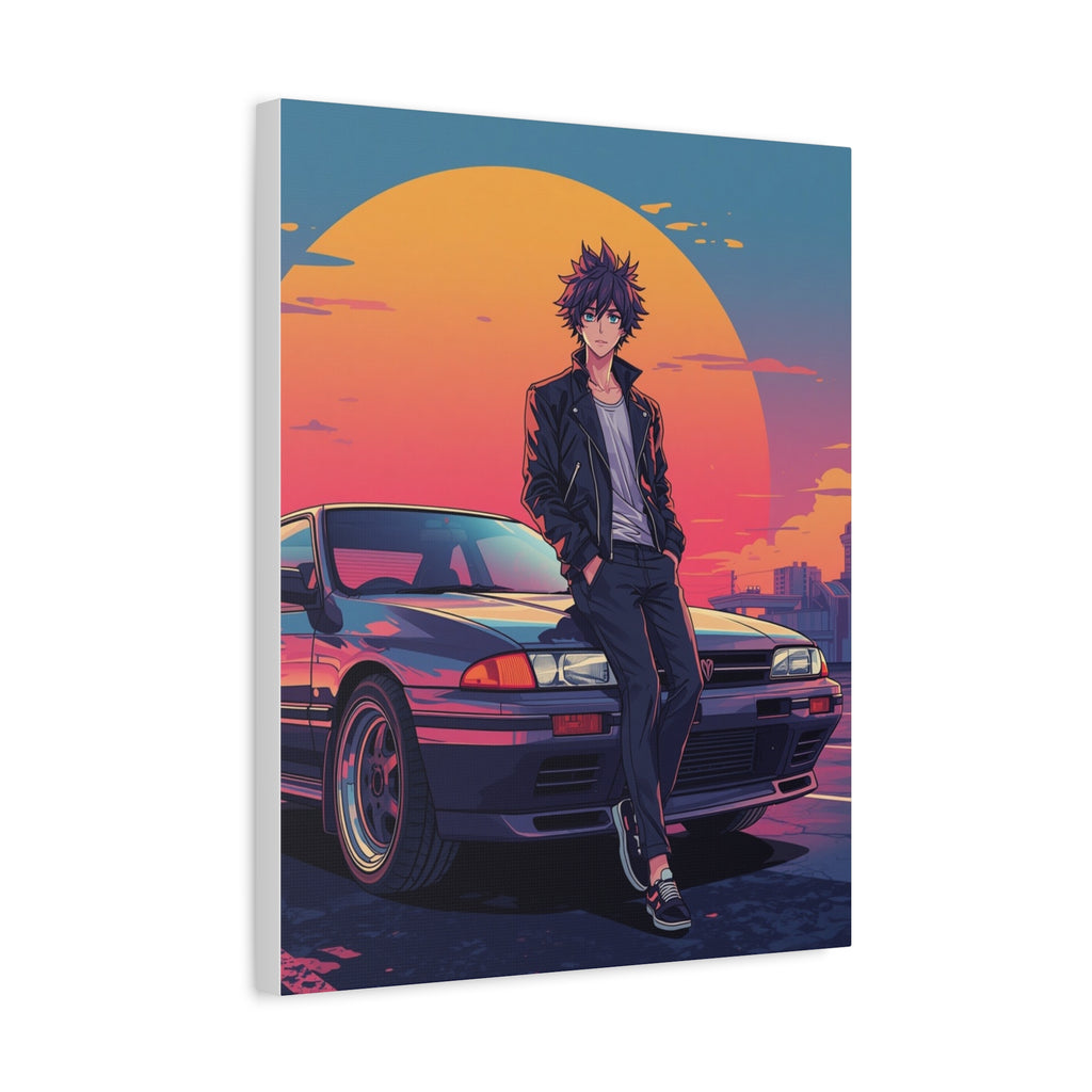 Retro 80s JDM Anime Guy Leaning on Car Matte Canvas Wall Art
