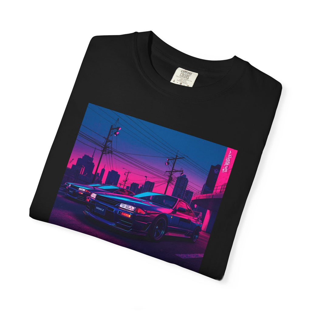 Neon City Skyline Racing Car Unisex T-Shirt | Retro Cyberpunk Night Streets