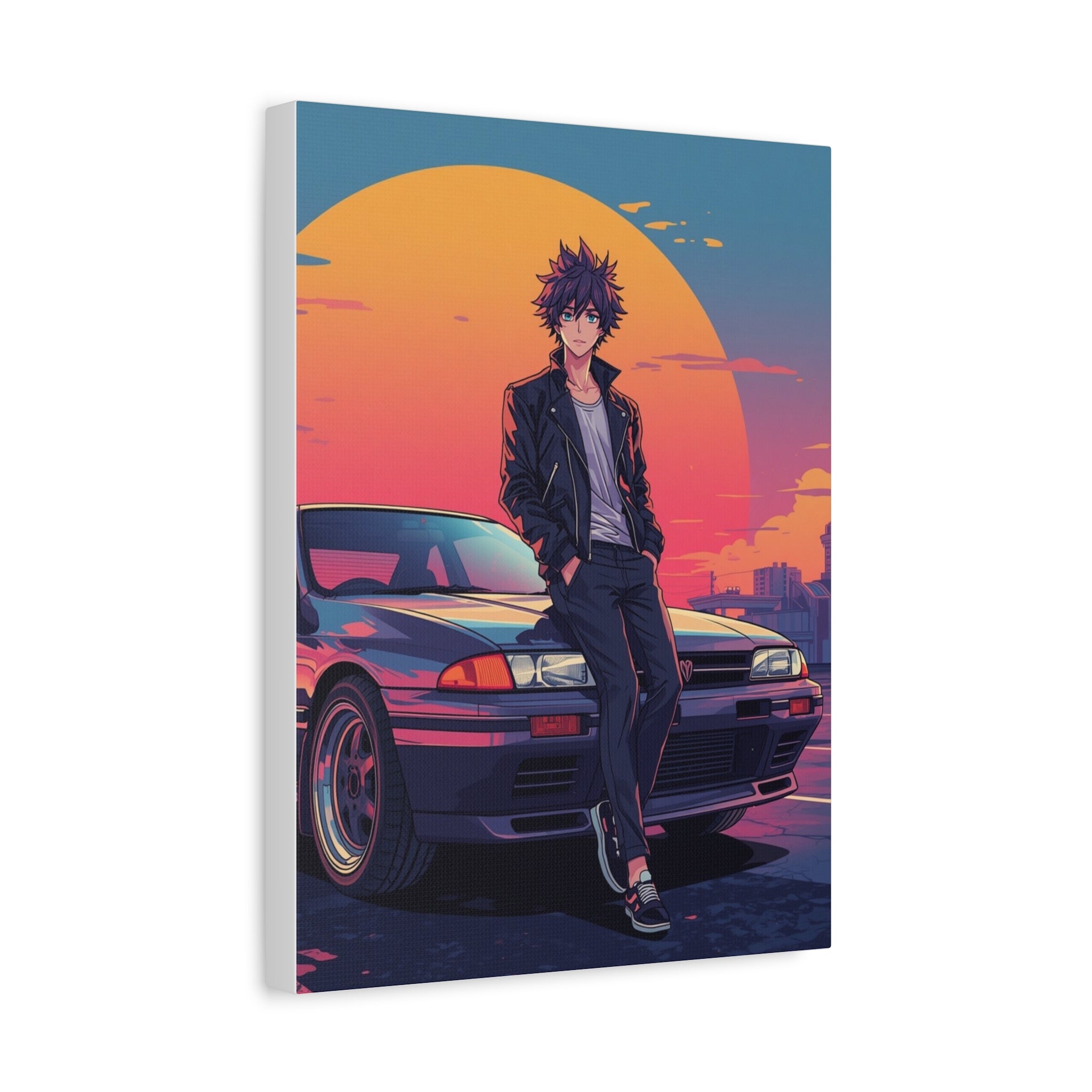 Retro 80s JDM Anime Guy Leaning on Car Matte Canvas Wall Art