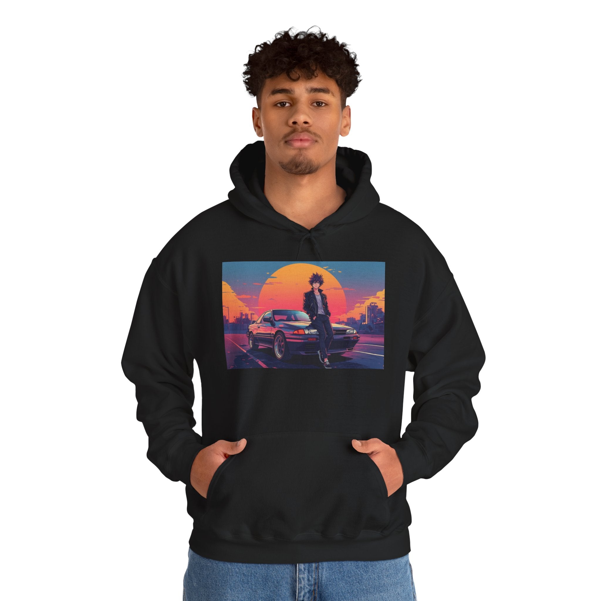 Retro 80s JDM Hoodie — Anime Guy Leaning on Car