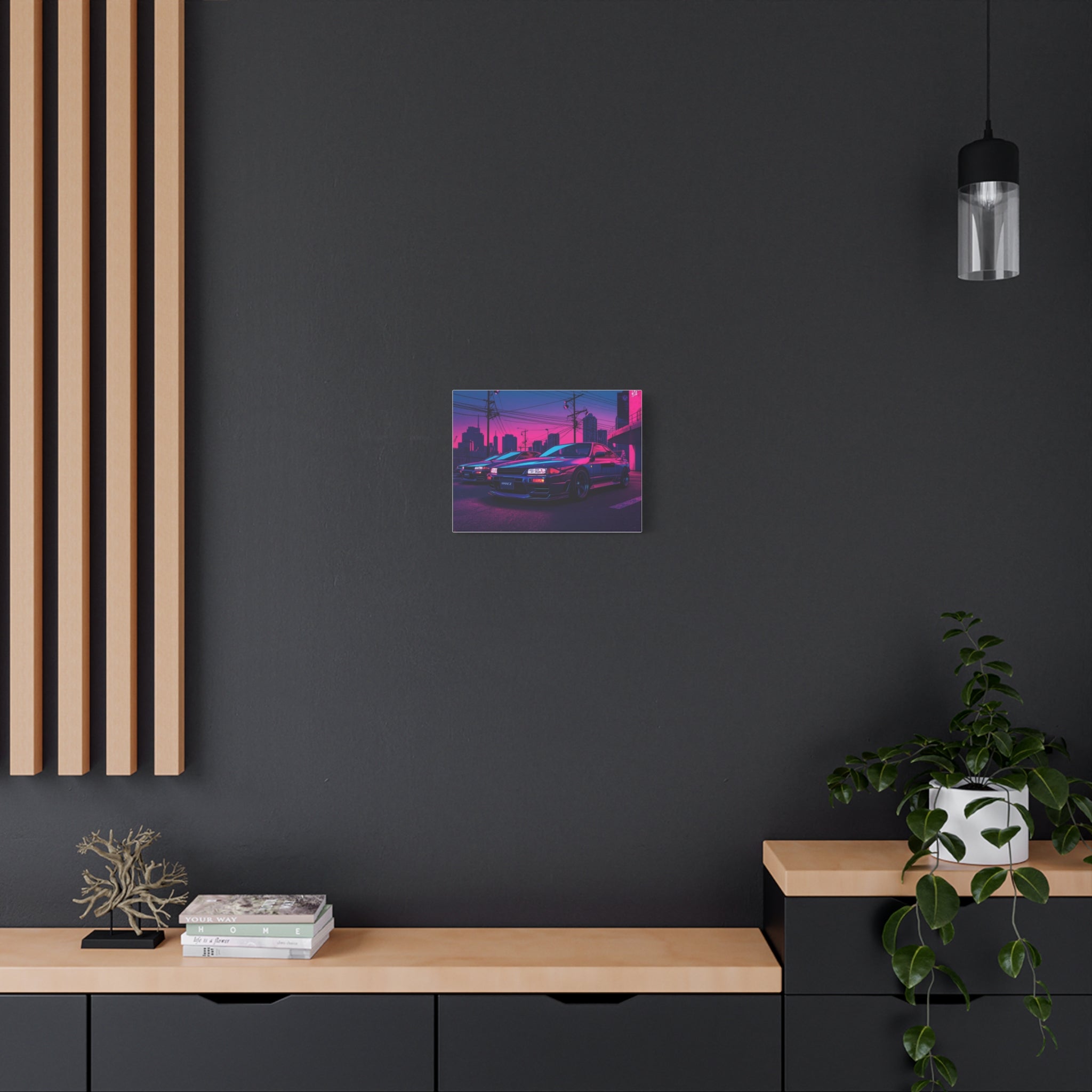 Neon City Skyline Racing Car Matte Canvas Wall Art — Retro Cyberpunk Night Streets