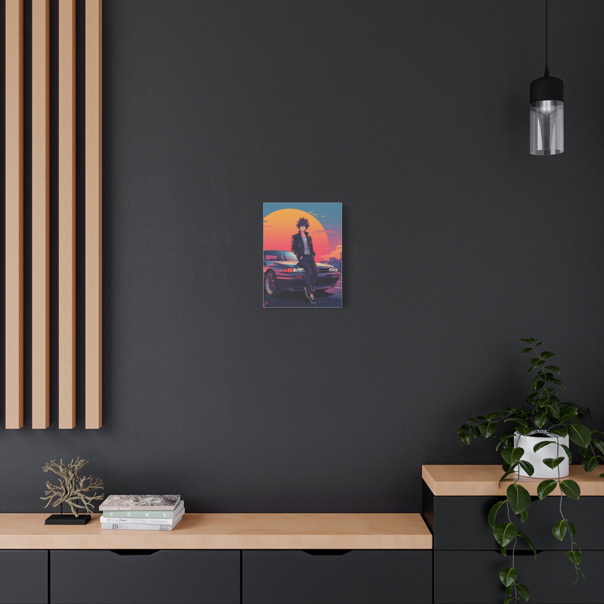 Retro 80s JDM Anime Guy Leaning on Car Matte Canvas Wall Art