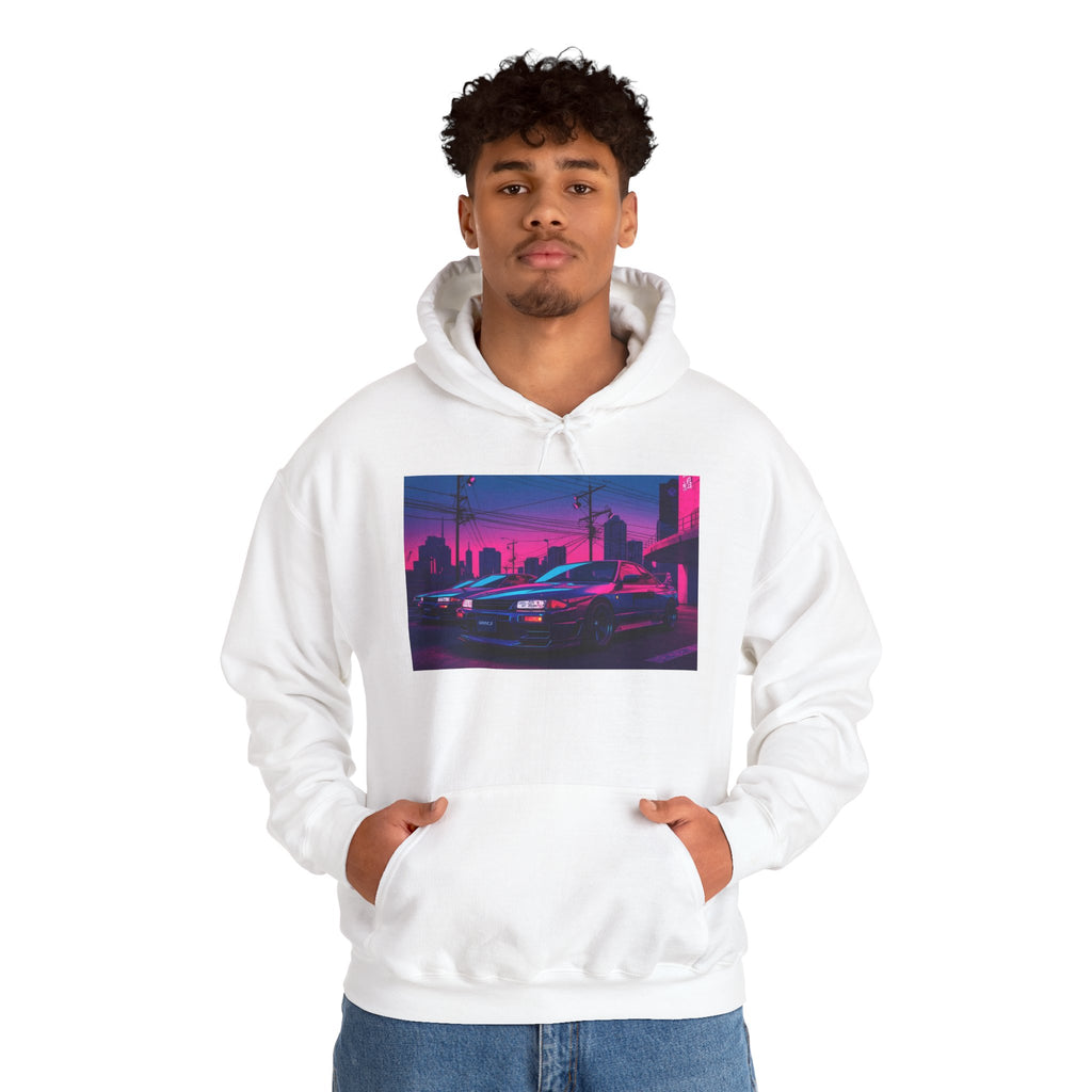 Cyberpunk Neon City Racing Hoodie — Retro Skyline Racing Car Design