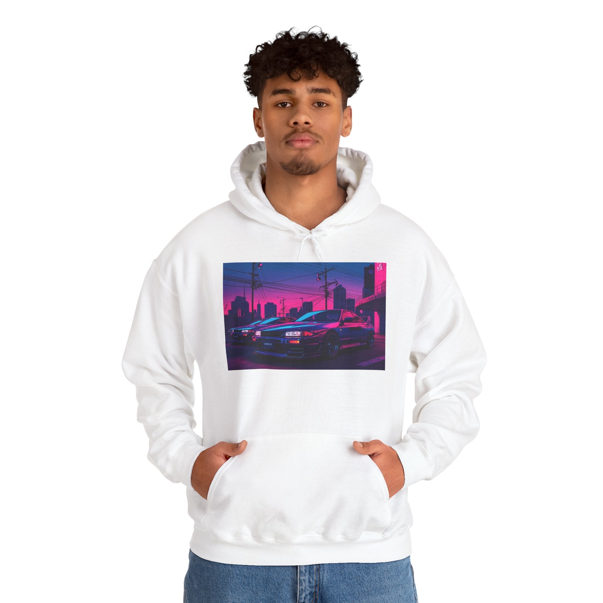 Cyberpunk Neon City Racing Hoodie — Retro Skyline Racing Car Design
