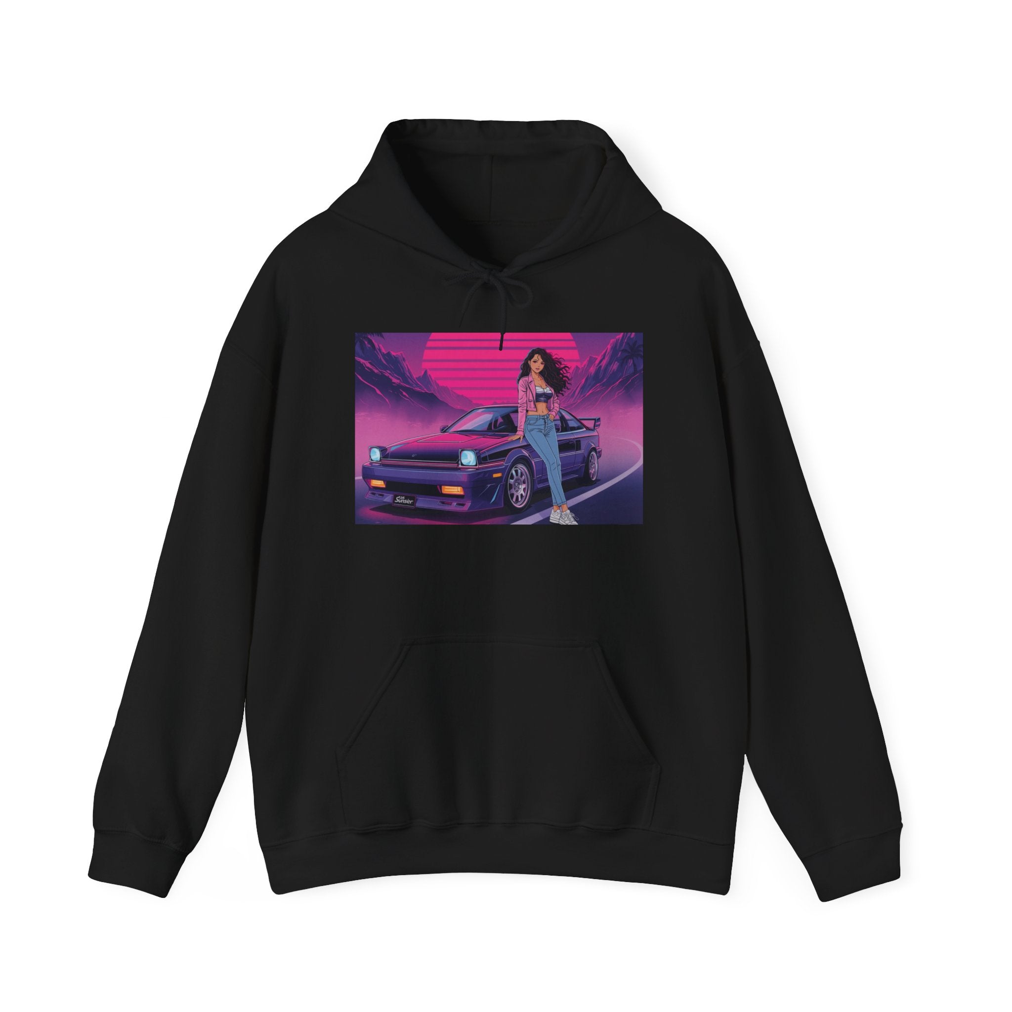 80s Retro Wave JDM Hoodie — Anime Girl Leaning on Car