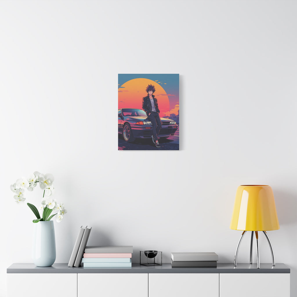 Retro 80s JDM Anime Guy Leaning on Car Matte Canvas Wall Art