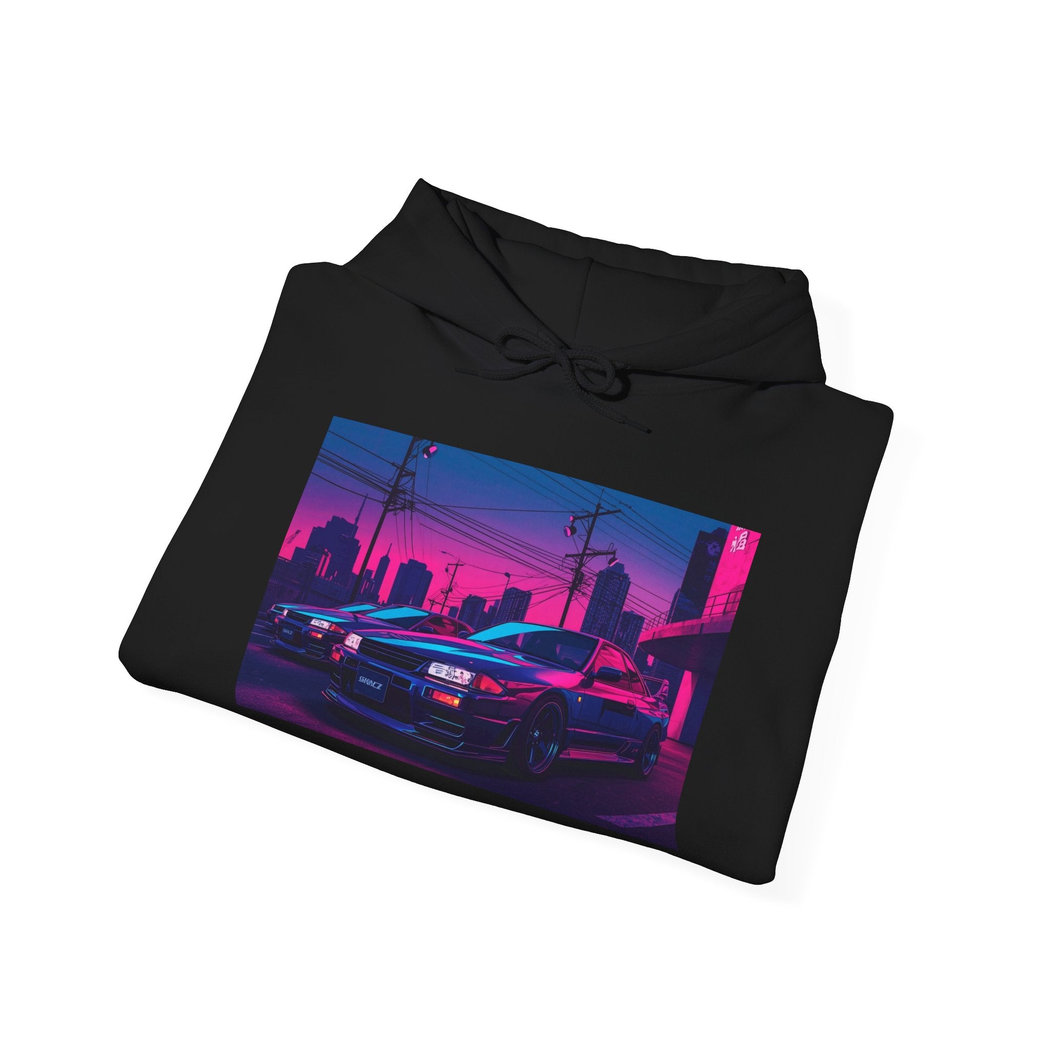 Cyberpunk Neon City Racing Hoodie — Retro Skyline Racing Car Design