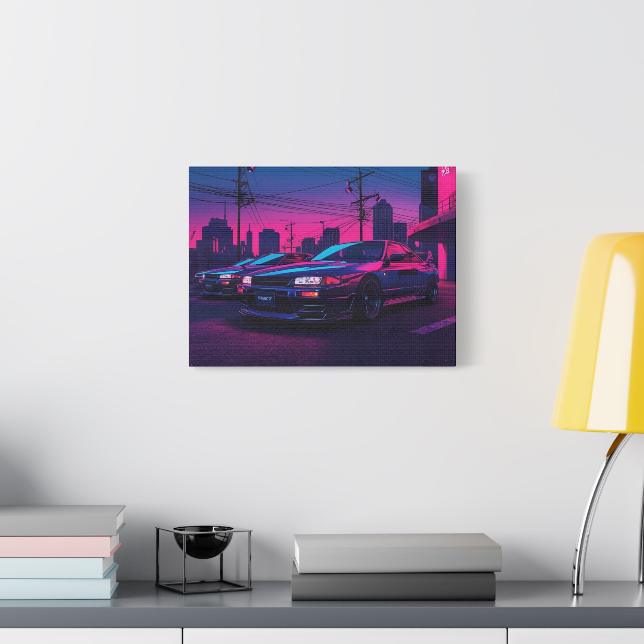 Neon City Skyline Racing Car Matte Canvas Wall Art — Retro Cyberpunk Night Streets