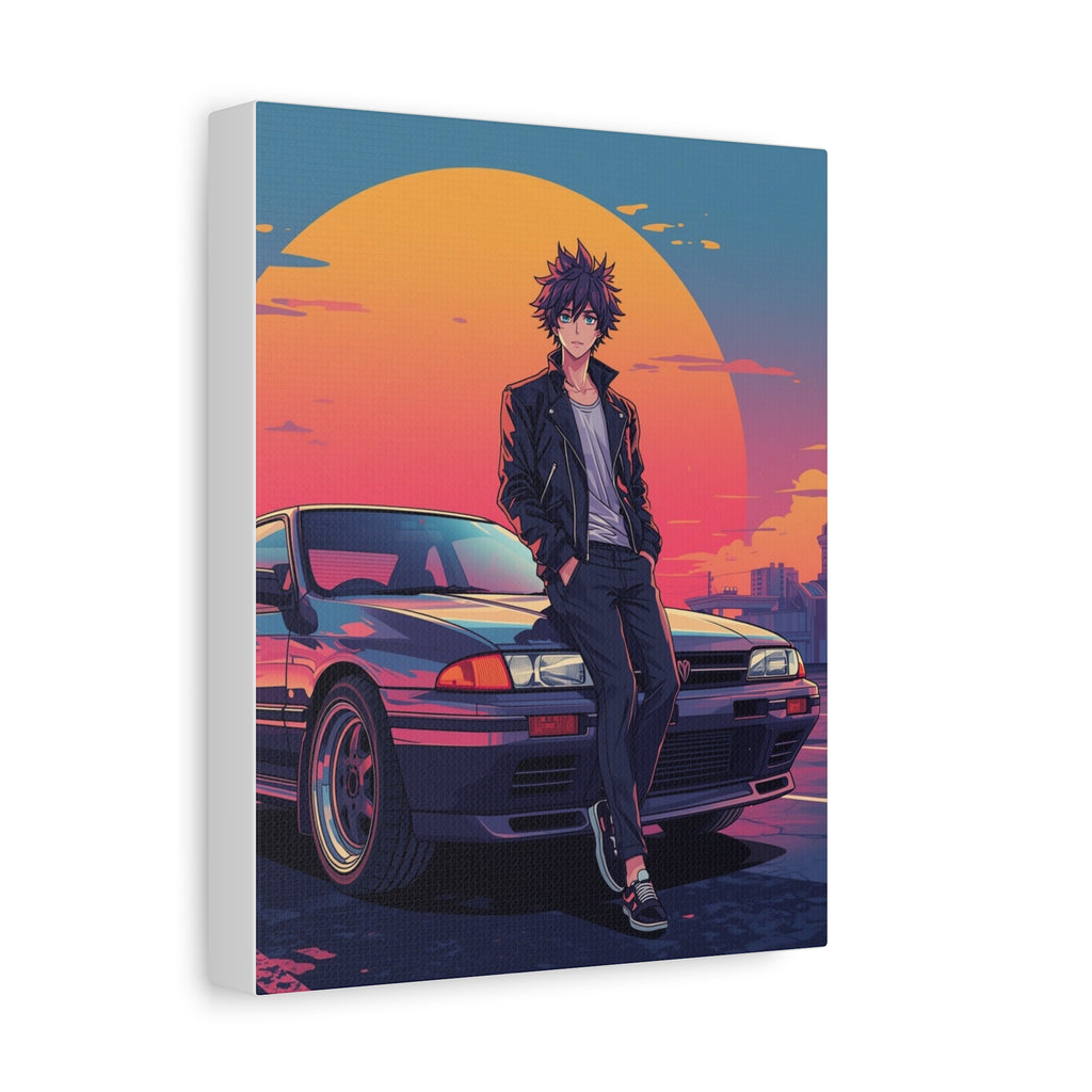 Retro 80s JDM Anime Guy Leaning on Car Matte Canvas Wall Art